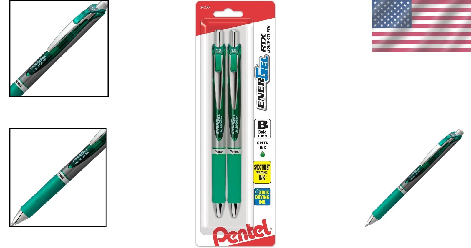 Stylish EnerGel RTX Retractable Pens 1.0mm Green Ink with Rubber Grip, 2 Pack