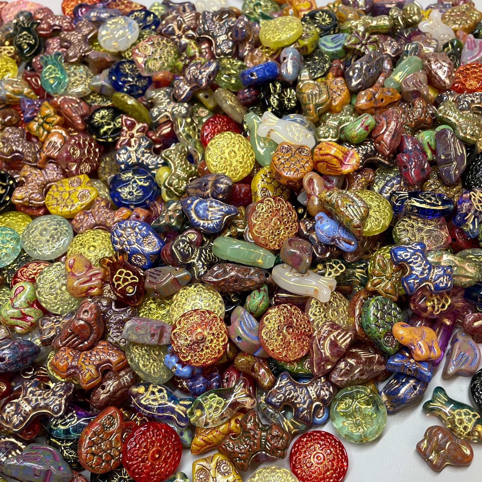 100g Vintage Pressed Glass Beads, Hand-Painted Gold, Jewelry Making