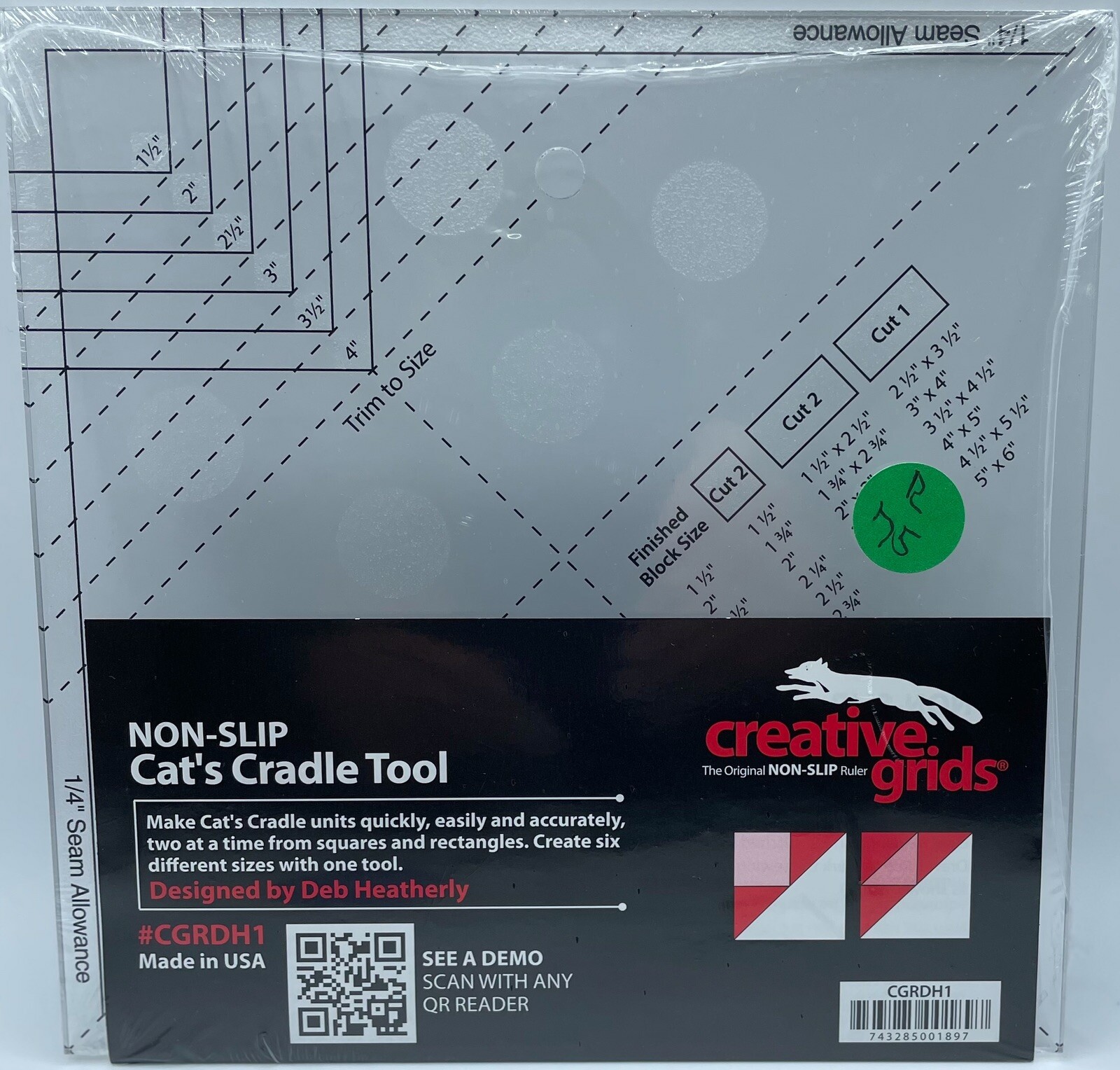 Creative Grids Cat’s Cradle Tool Quilt Ruler Non Slip Deb Heatherty + Pattern