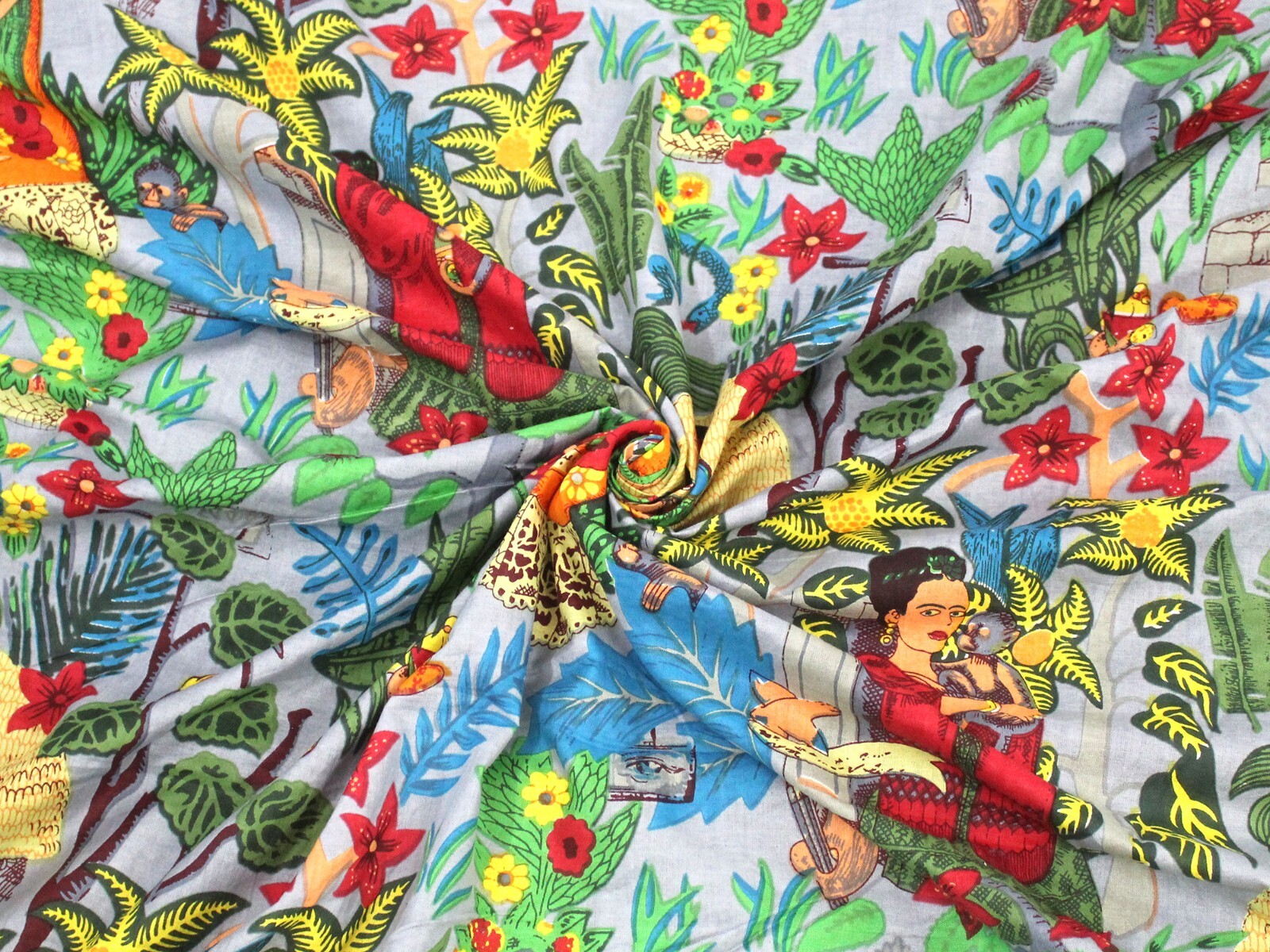 Indian Grey Farida Kahlo Printed Cotton Fabric Beautiful Dressmaking Fabric US