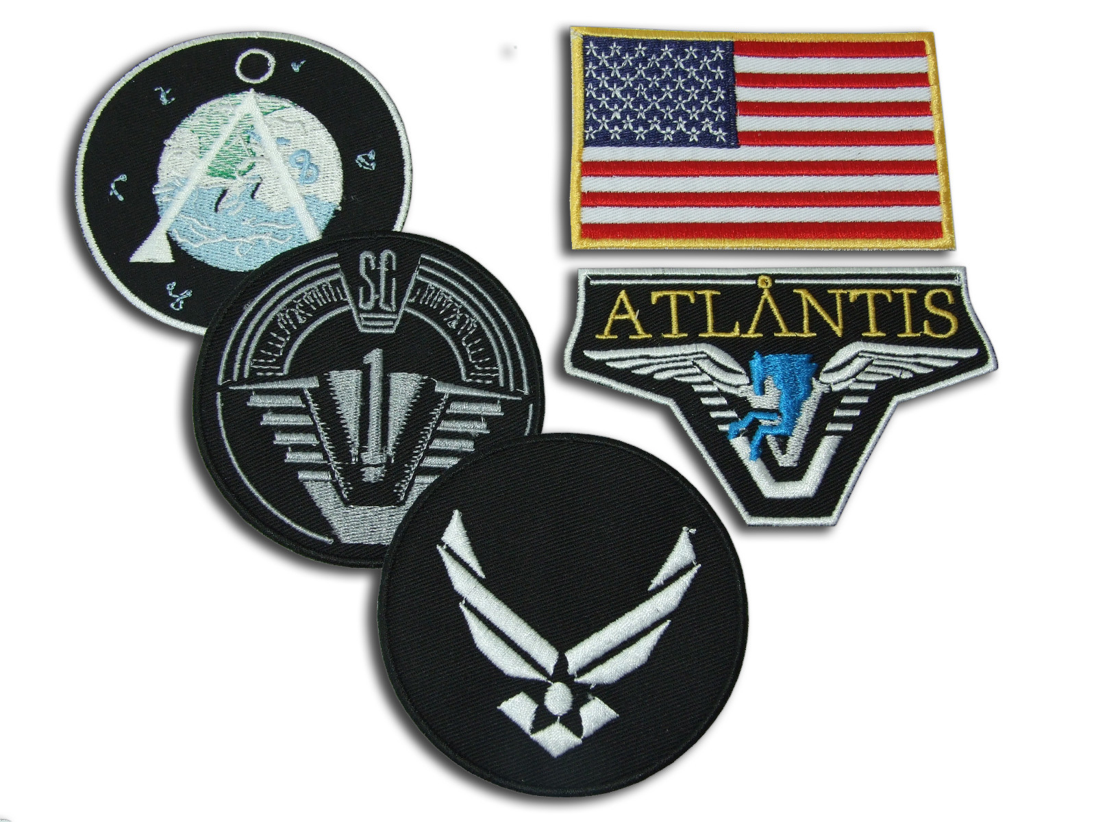 STARGATE SG1 ATLANTIS – SET OF 5 IRON ON BADGES – Main Team Prop Jacket Patches.