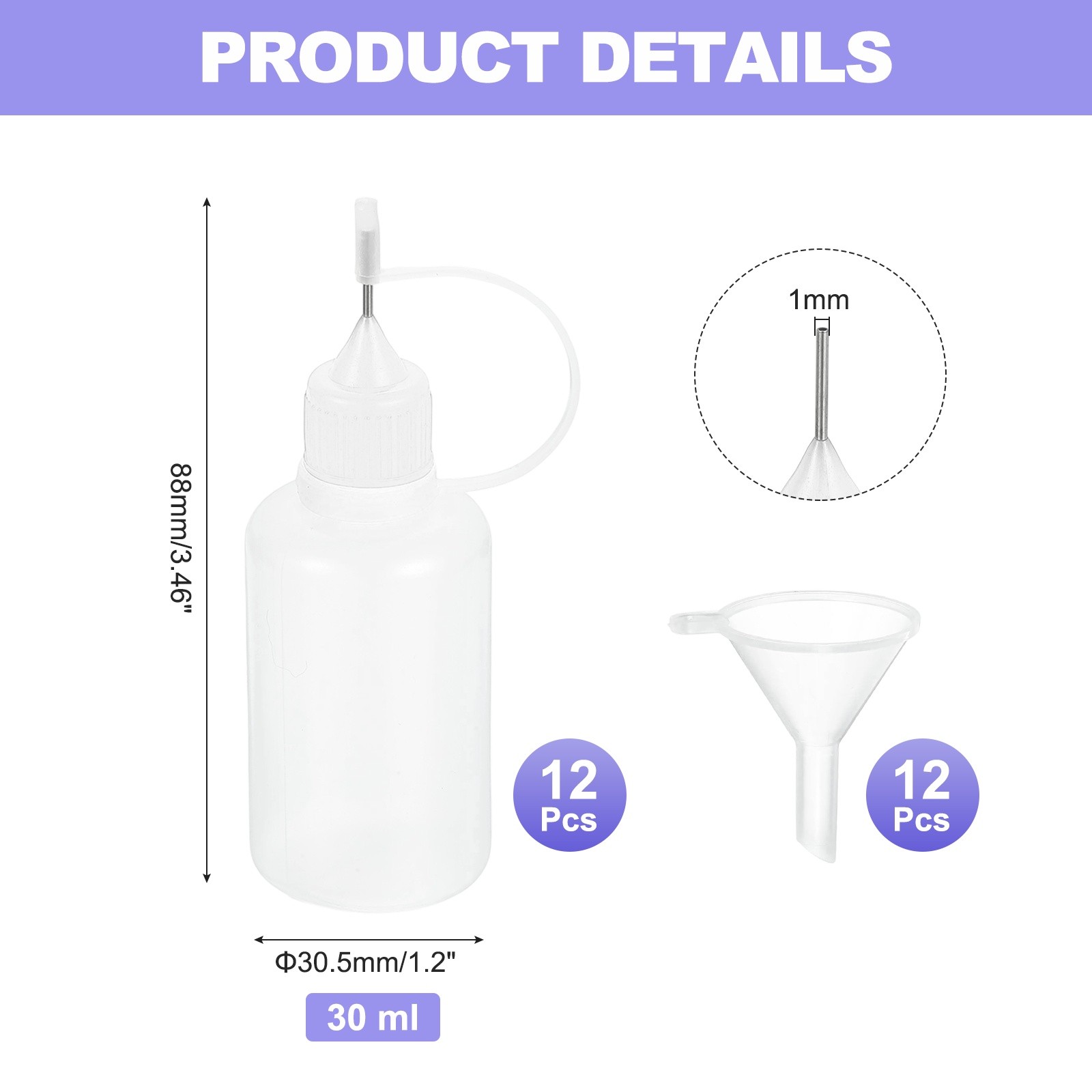 12Pcs Needle Tip Squeeze Bottle,30ml/1oz Glue Bottles(White,with 12 Funnel)