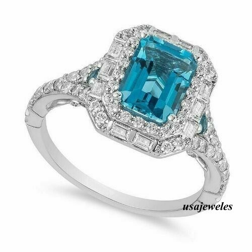 Halo Wedding Jewelry Ring 2.60CT Emerald Cut Real Aquamarine 14K White Gold Over