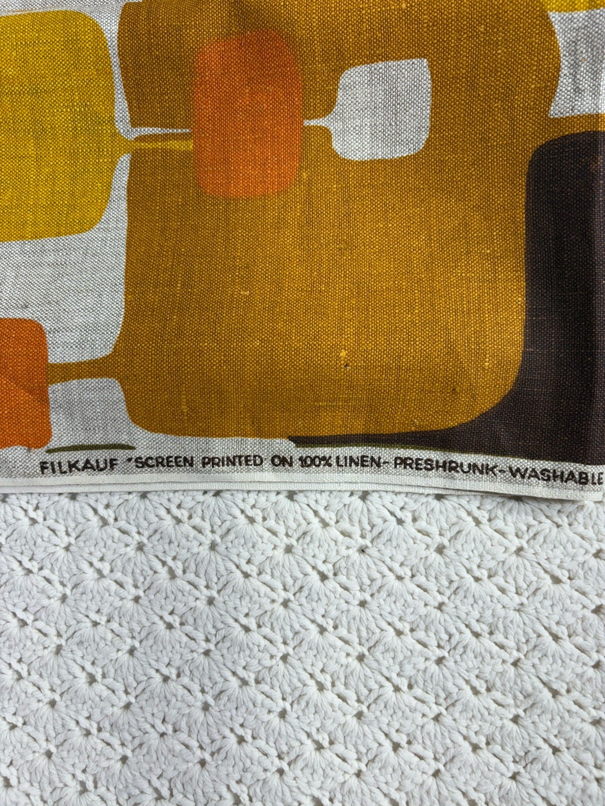 Vintage Filkauf Screen Printed Linen Fabric MCM Retro Orange Brown 100% Linen