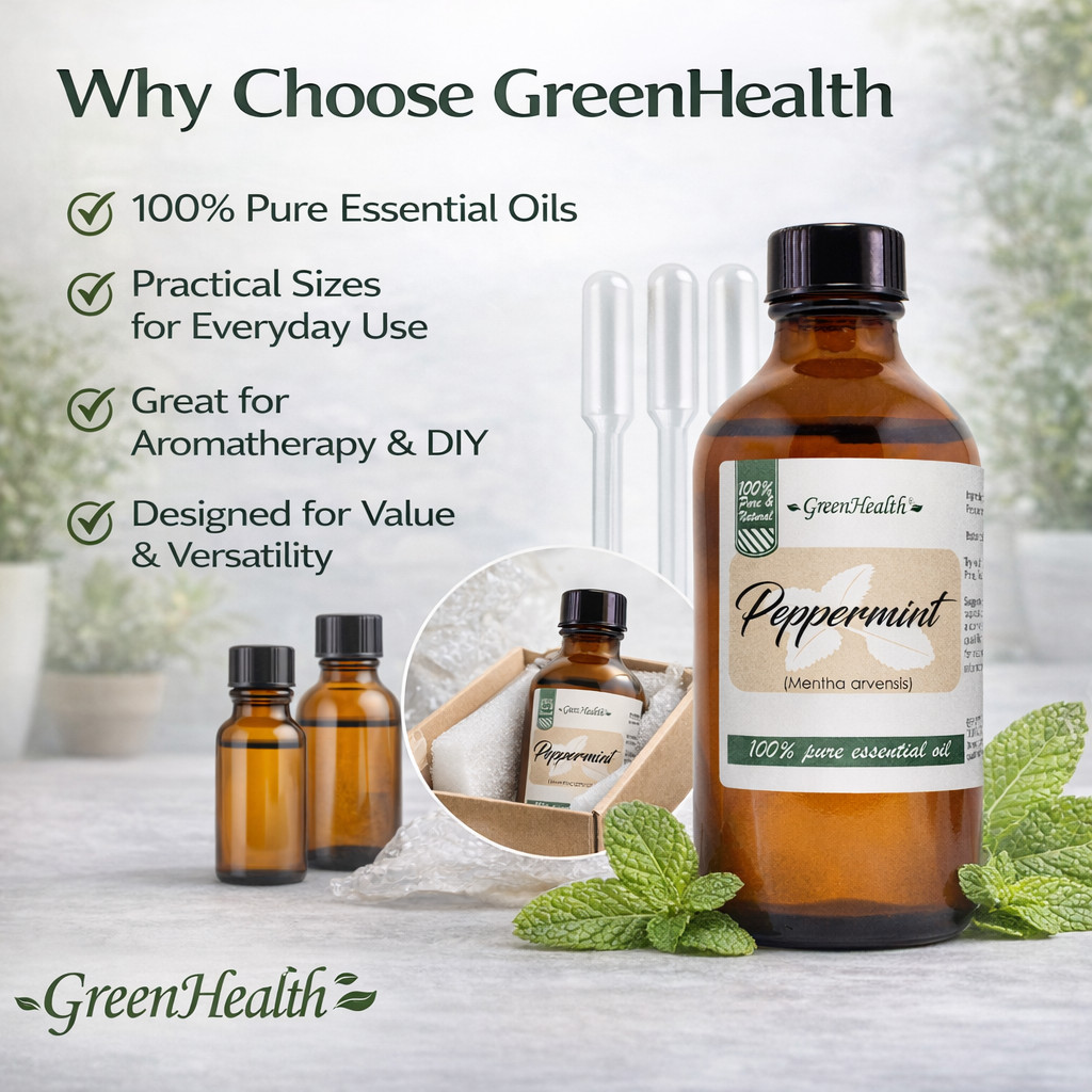 Peppermint Essential Oil 4 oz Pure Natural with 3 Free Droppers – GreenHealth