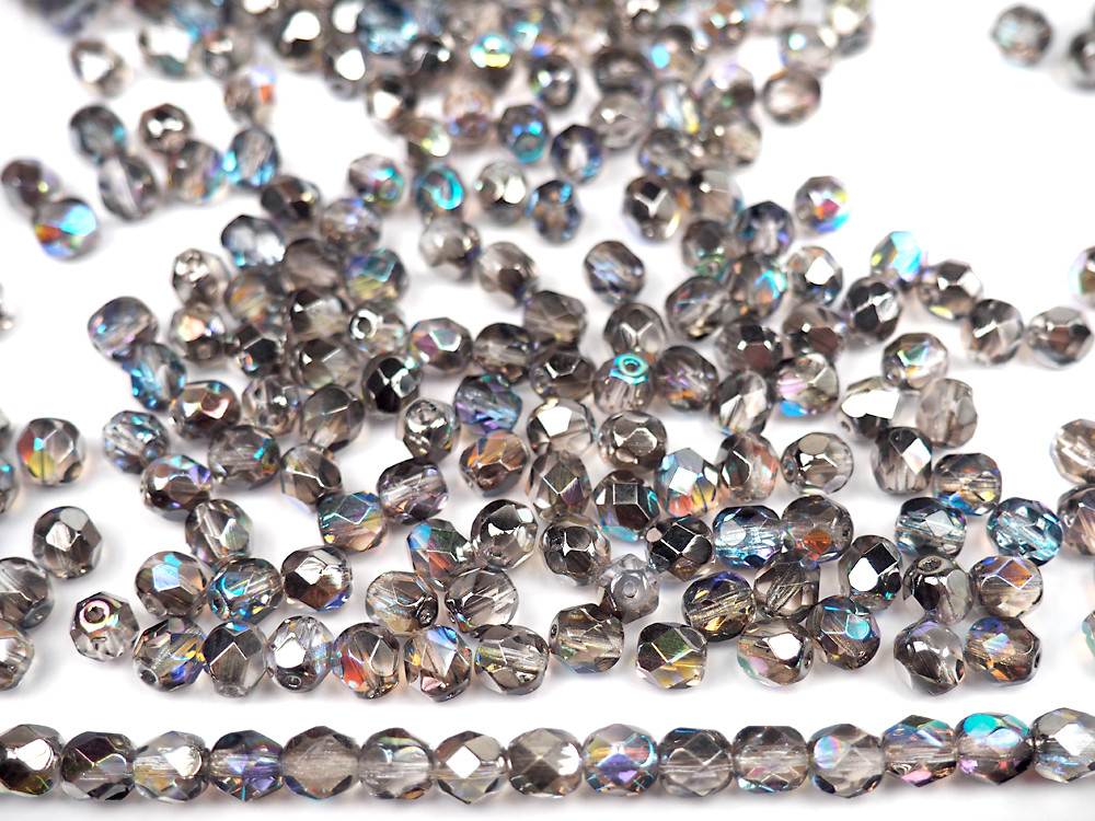 Czech Glass Fire Polished Round Faceted Beads Crystal Graphite Rainbow 3-4-6-8mm