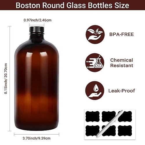 2 Pack 32 oz Amber Glass Boston Bottles with Phenolic Poly Cone Caps. Perfect