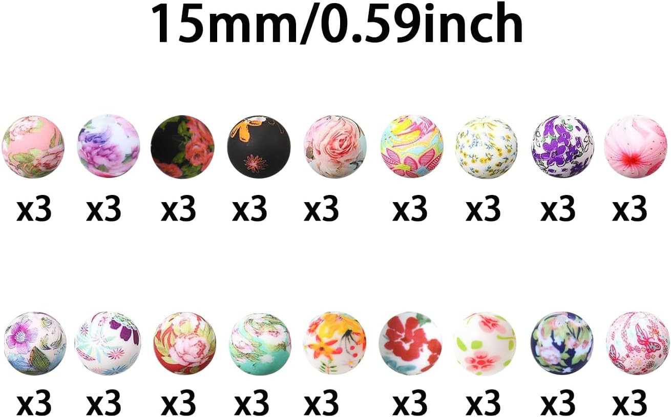 54Pcs Flower Silicone Beads Set 15mm Round Silicone Beads Bulk Floral Print Rubb