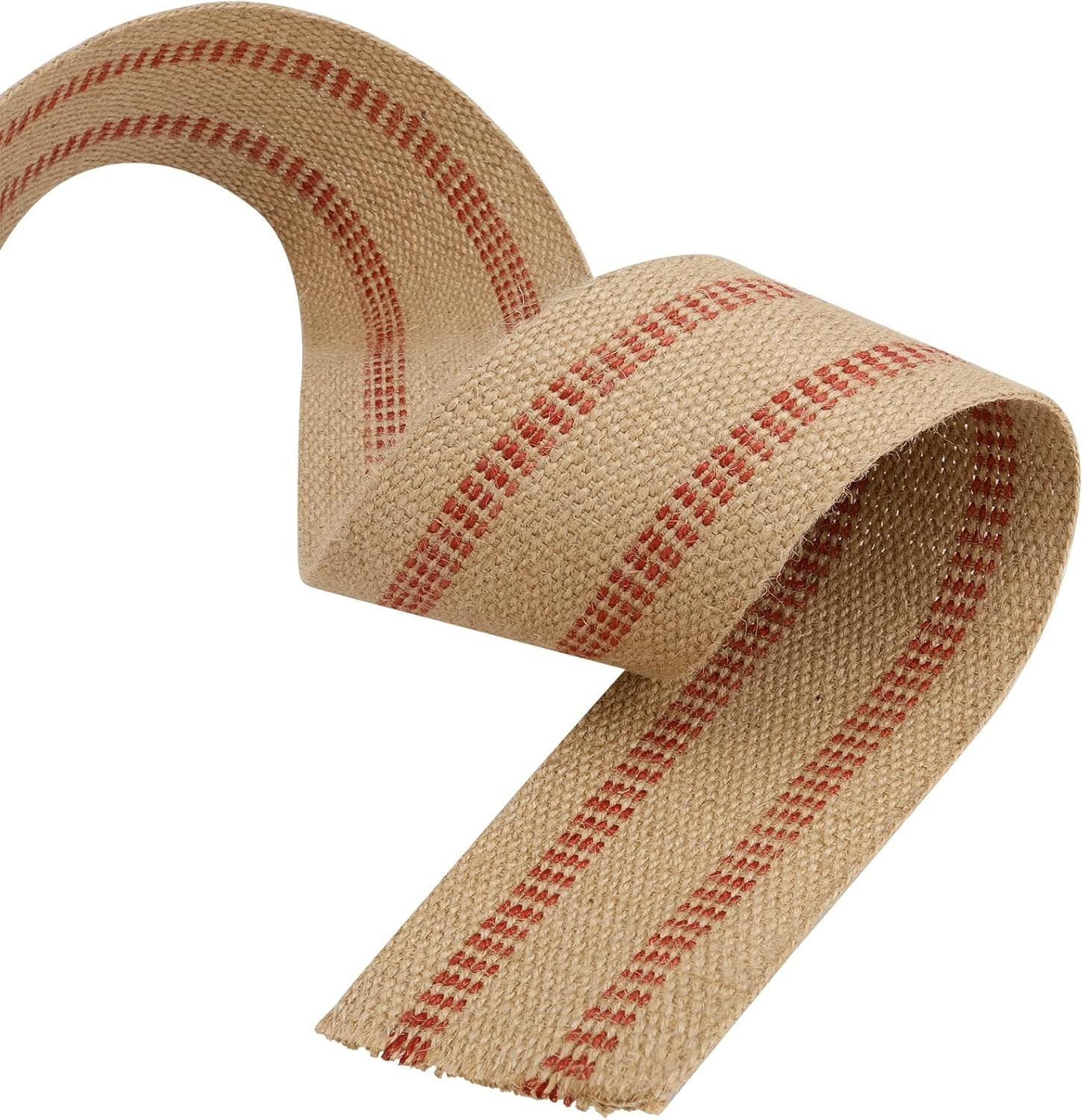 3.5 Inches x 33 Yards Natural Jute Upholstery Webbing with Red Stripes Burlap