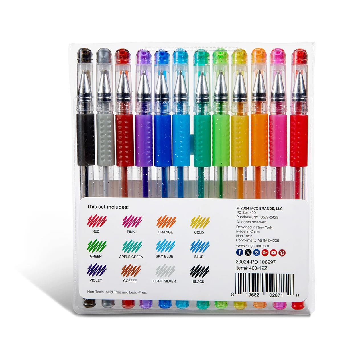 KINGART Glitter Rollerball Gel 12 Count (Pack of 1), Assorted Colors