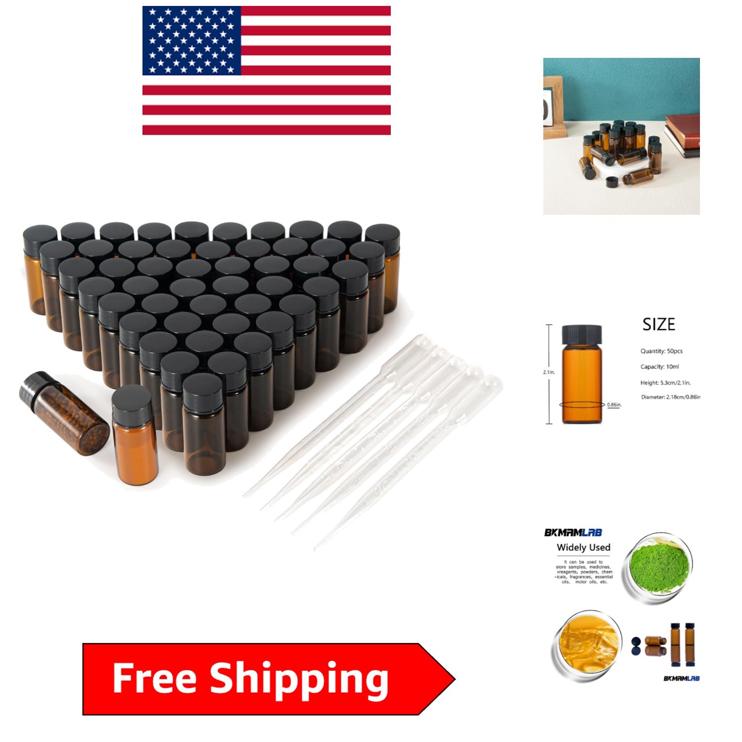 50pcs 10ml Amber Glass Vials with Screw Caps for Travel & Essential Oils