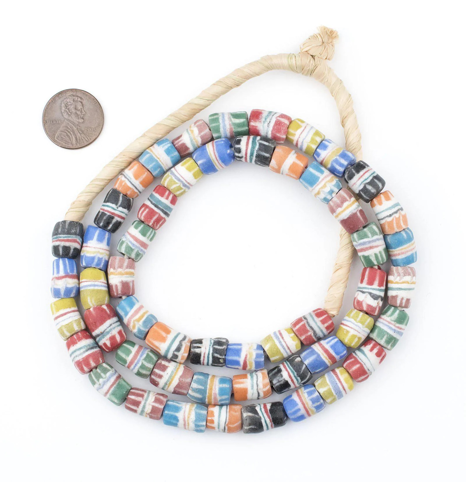 Multicolor Strawstack Sandcast Beads 8mm Ghana African Cylinder Glass Large Hole