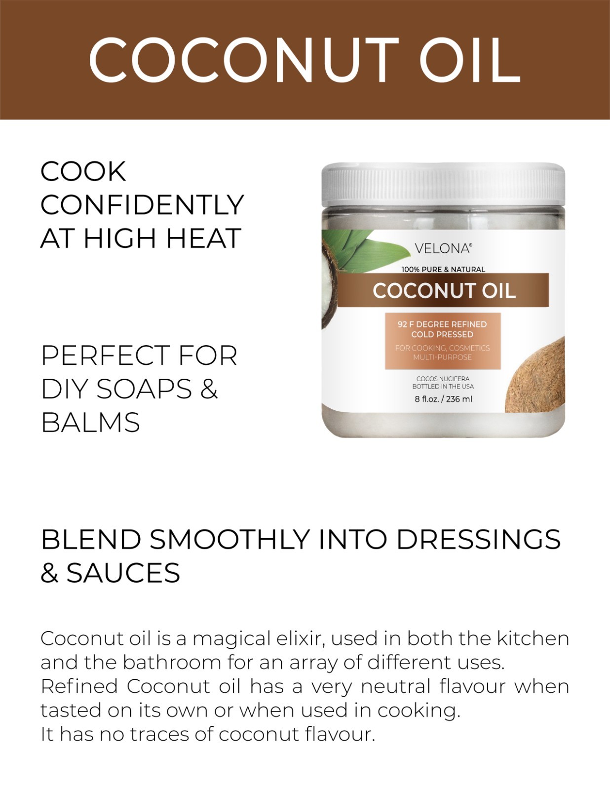 Coconut Oil 92 Degree by Velona – 2oz-7lb in jar Refined Cold pressed Skin Body