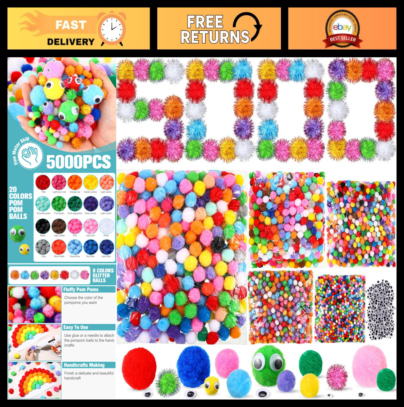 5000 Pcs Multicolor Pom Poms Balls & 250 Wiggle Eyes for Crafting, Assorted Size