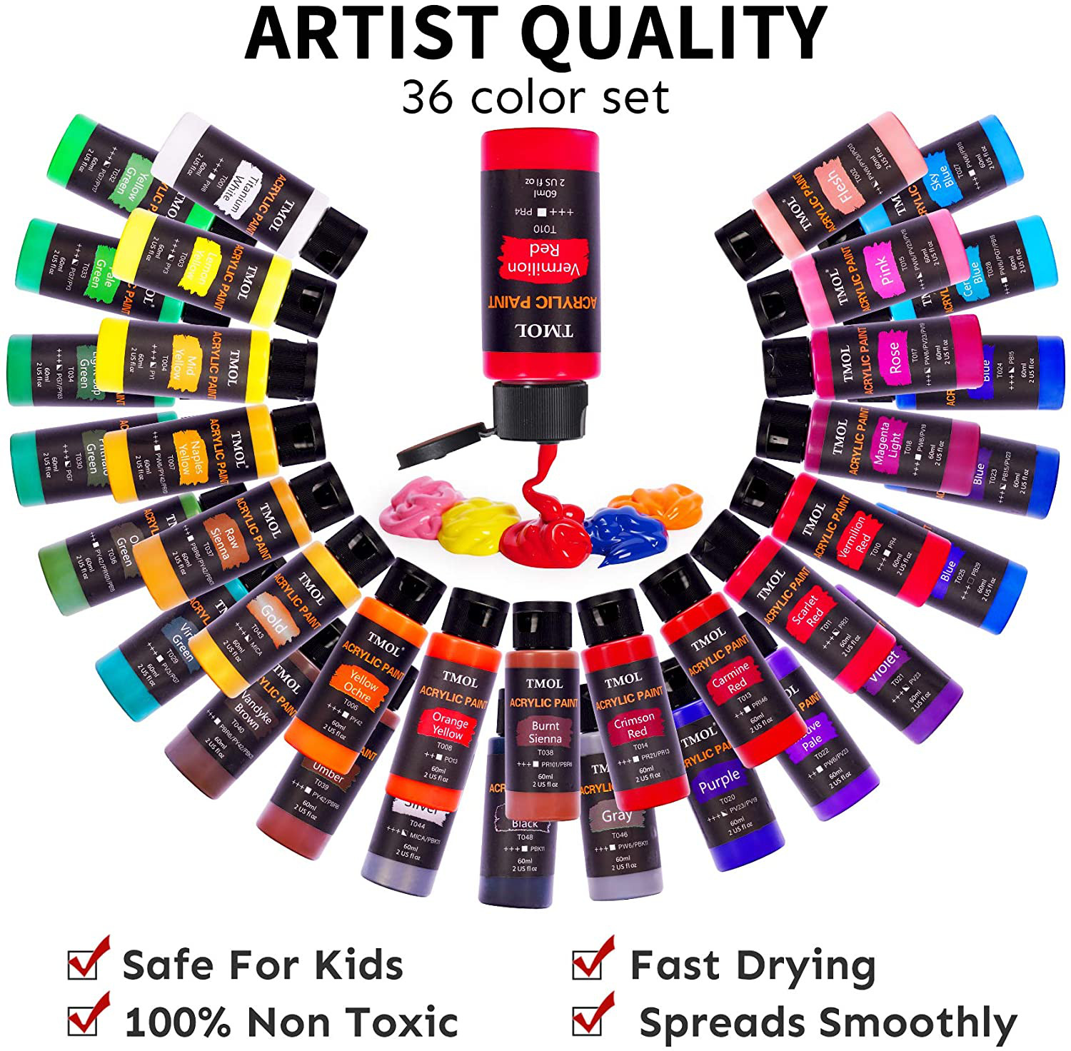 Acrylic Paint Set, 36 Colors (2 oz/Bottle) with 12 Art Brushes, Art Supplies for