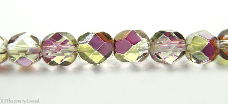 Czech Fire Polished Round Faceted Beads in Crystal Rosehip coated, 16″ strand