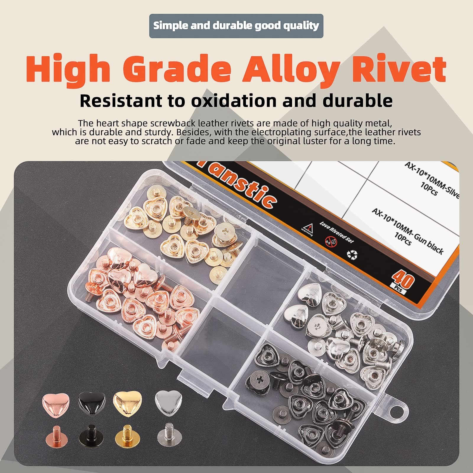 Tanstic 40 Sets 4 Colors 10x10MM Metal Heart Shape Screwback Leather Rivets, …