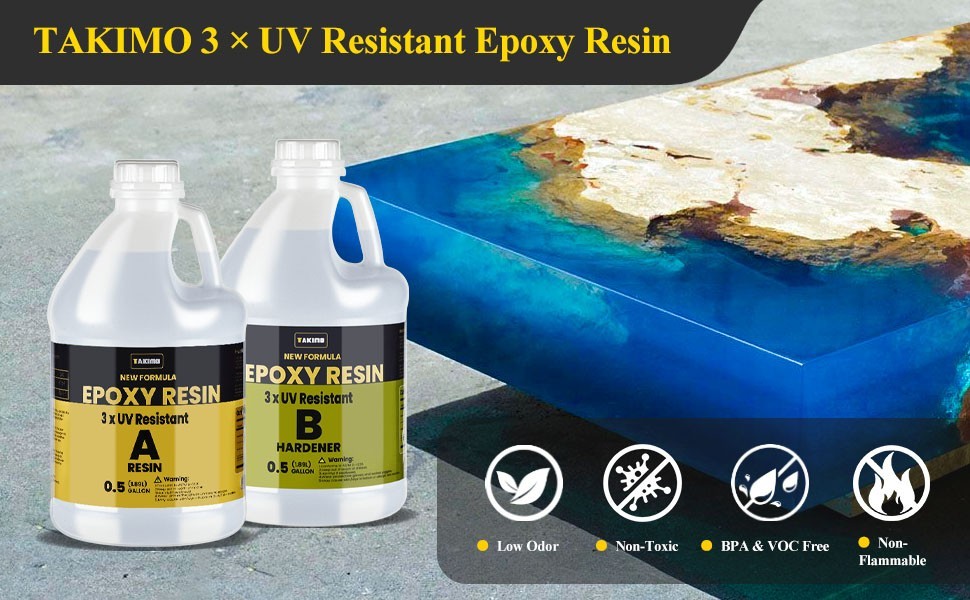TAKIMO 1 Gallon 3×UV Resistant Resin Kit,No Bubble & Crystal Clear Epoxy Resin