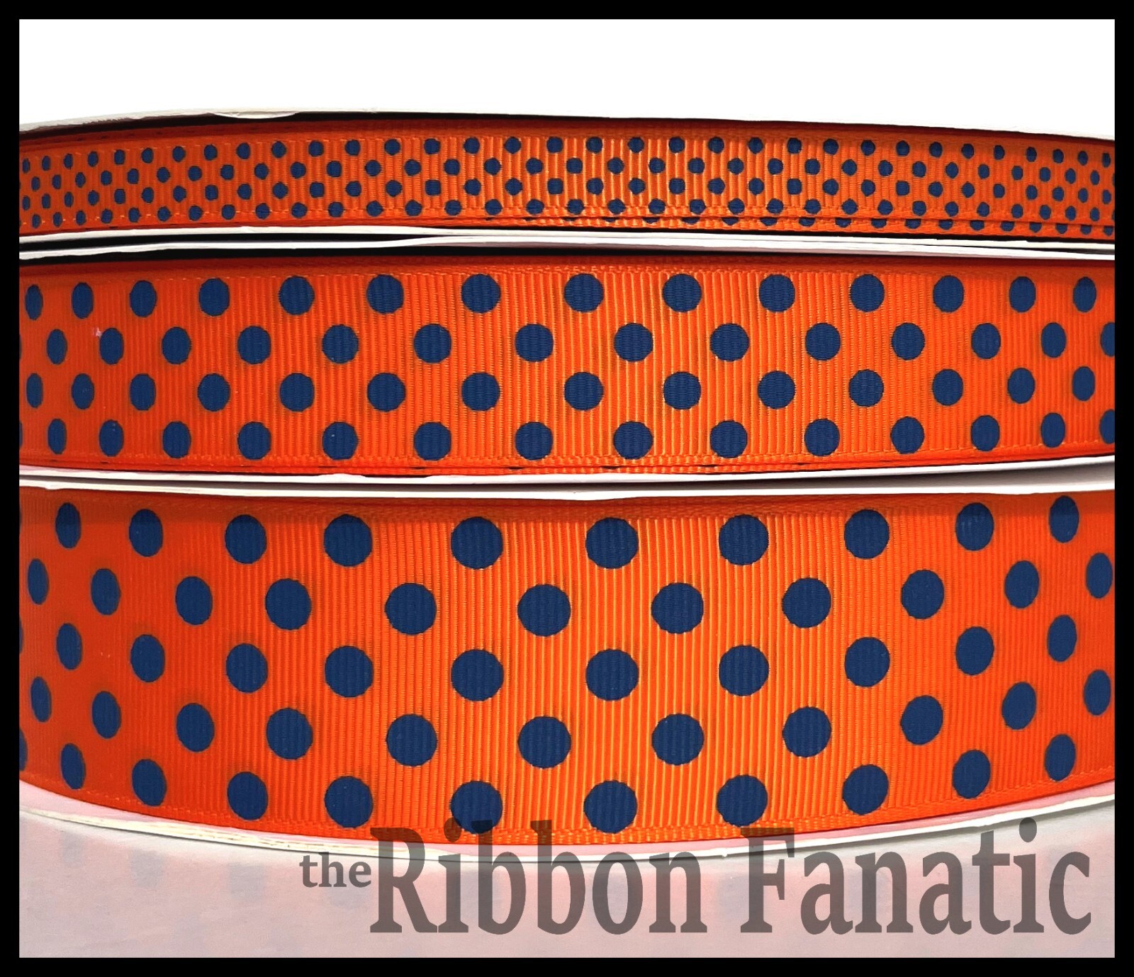 3yds Orange w/ Navy Blue Polka Dots 3/8″ or 7/8″ or 1.5″ Grosgrain Ribbon