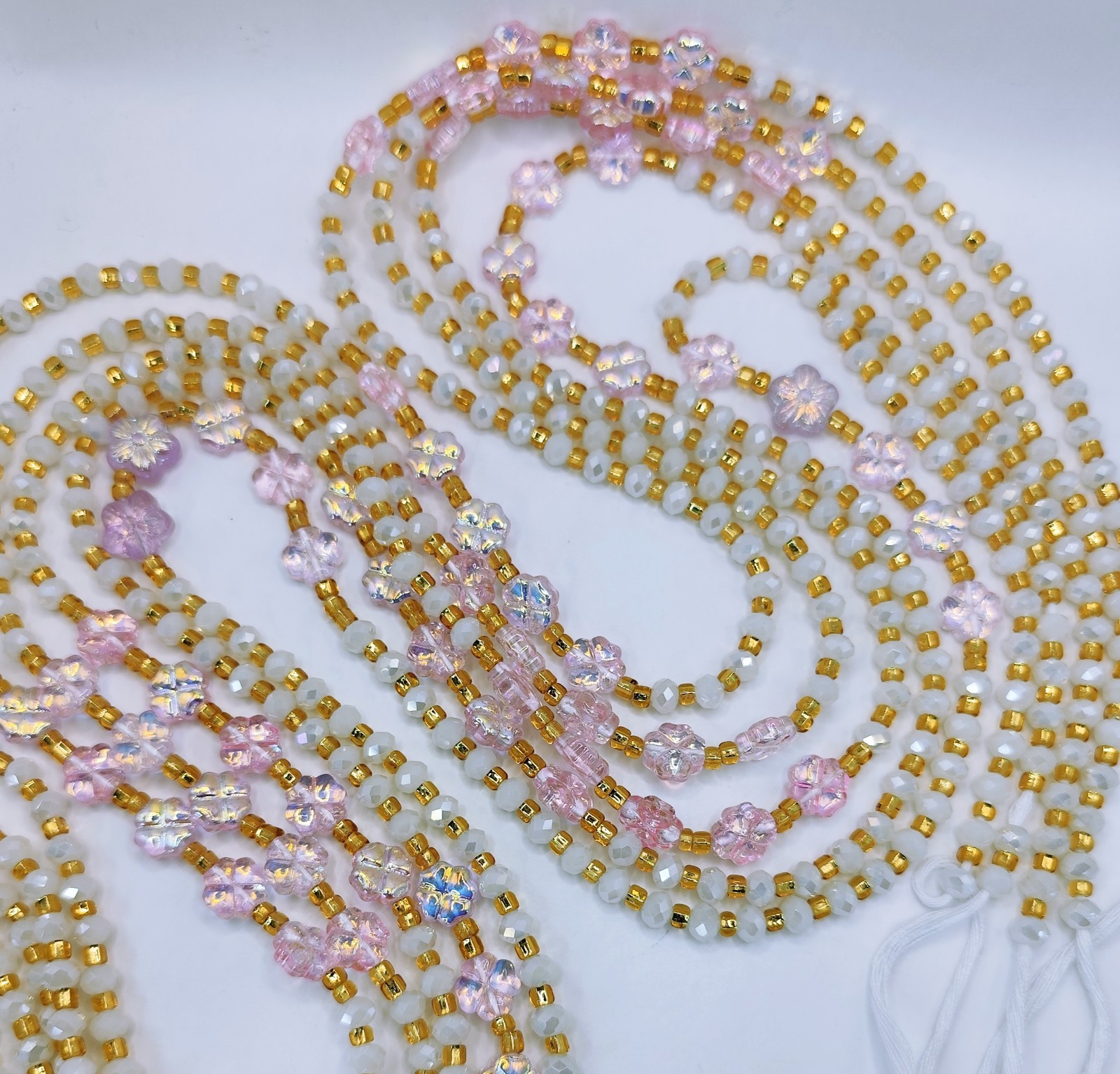 Gold Pink Flower Crystal Waistbeads Tie On 50 Inches Body Jewelry For Daily Use