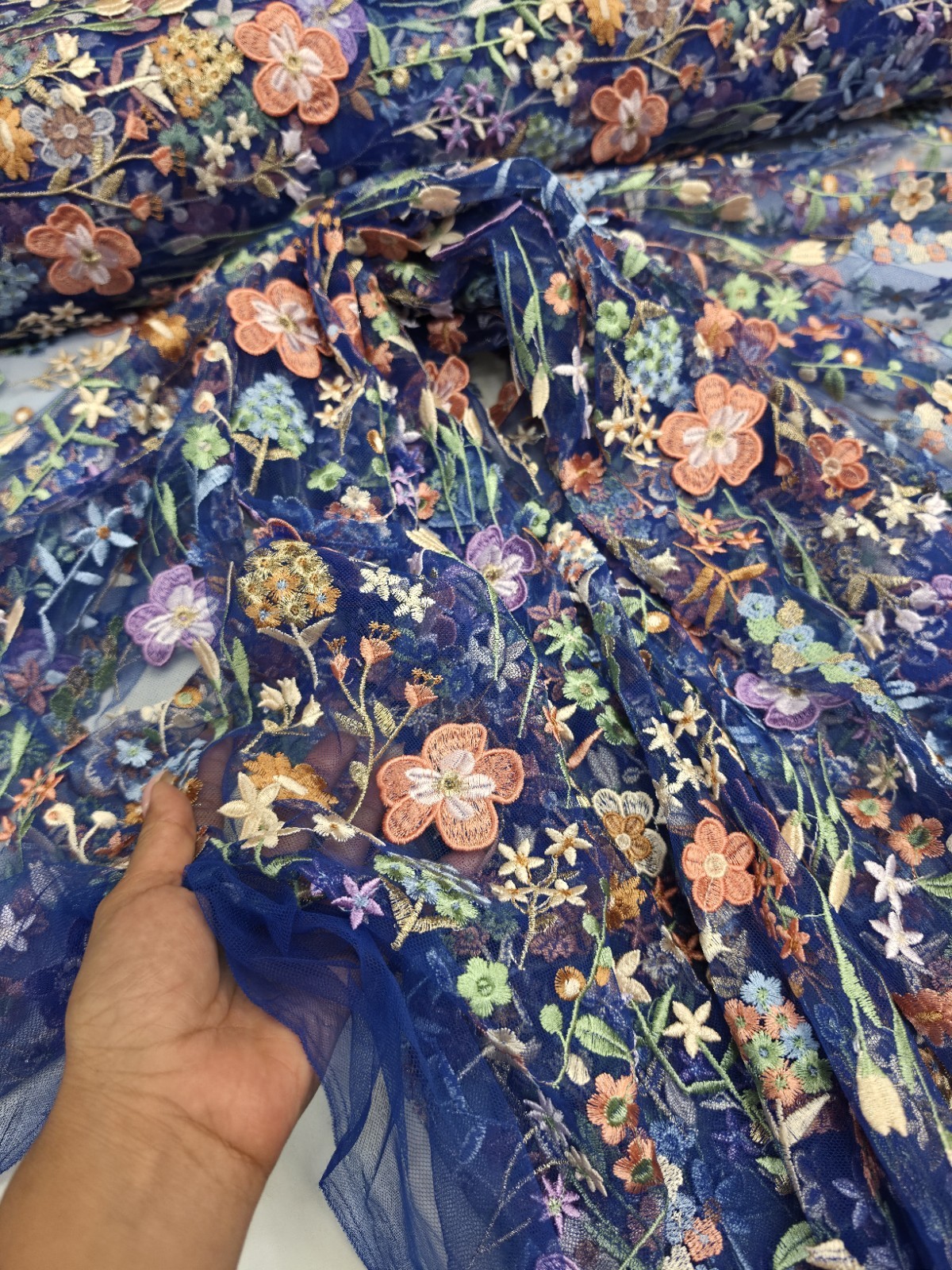 Royal Blue Lace Fabric Sold By The Yard Multicolor Embroidery 3d Floral