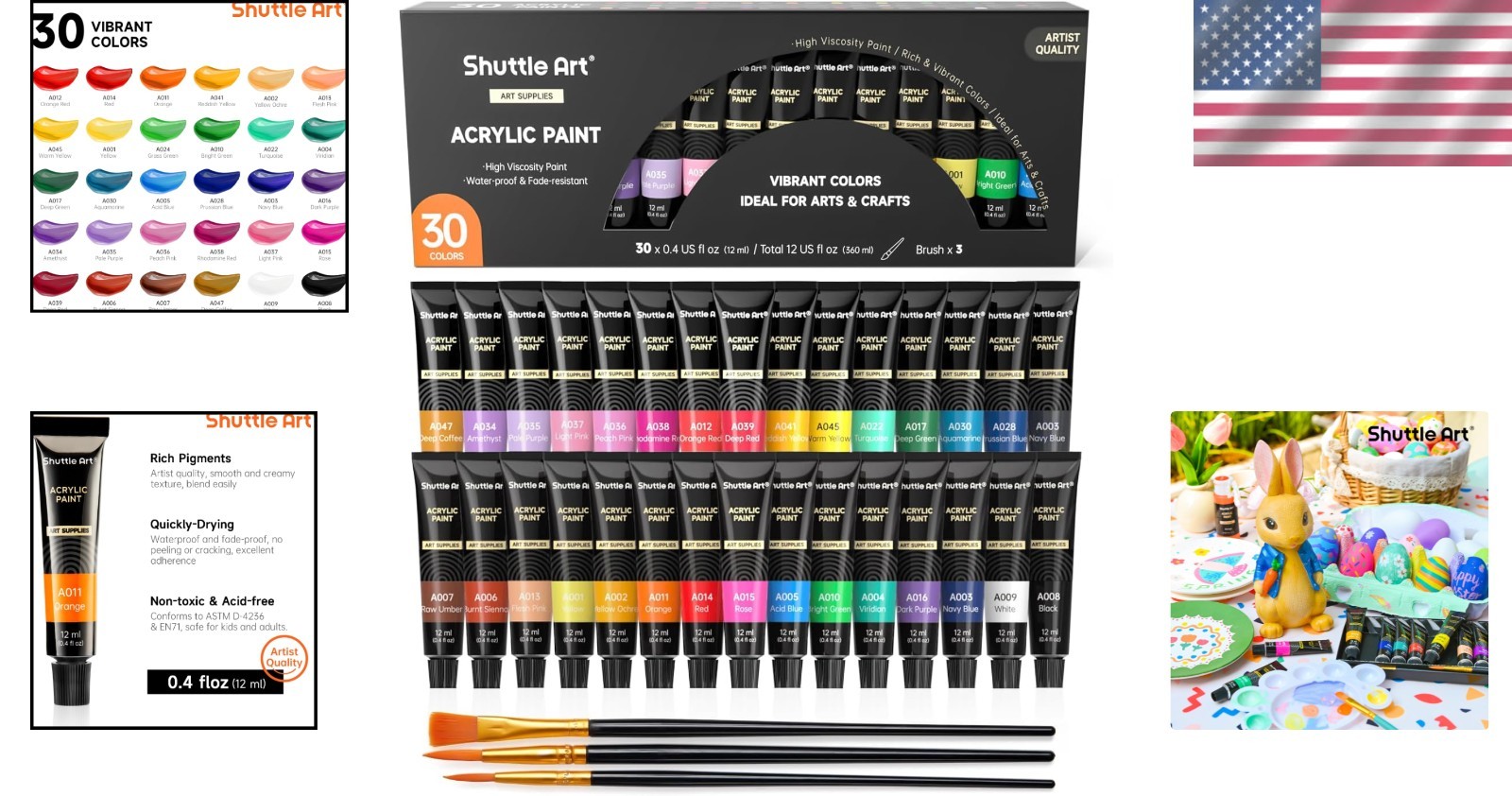 All-Ages Acrylic Paint Set – 30 Rich, Waterproof Colors & 3 Brushes Included