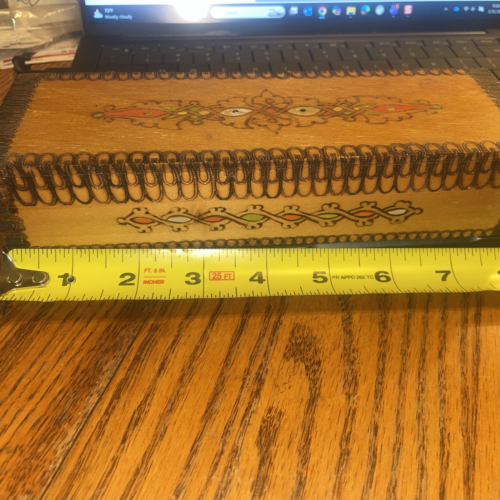 Vtg Wooden Pyrography Pencil Trinket Box Hand Painted & Burned Made in Bulgaria