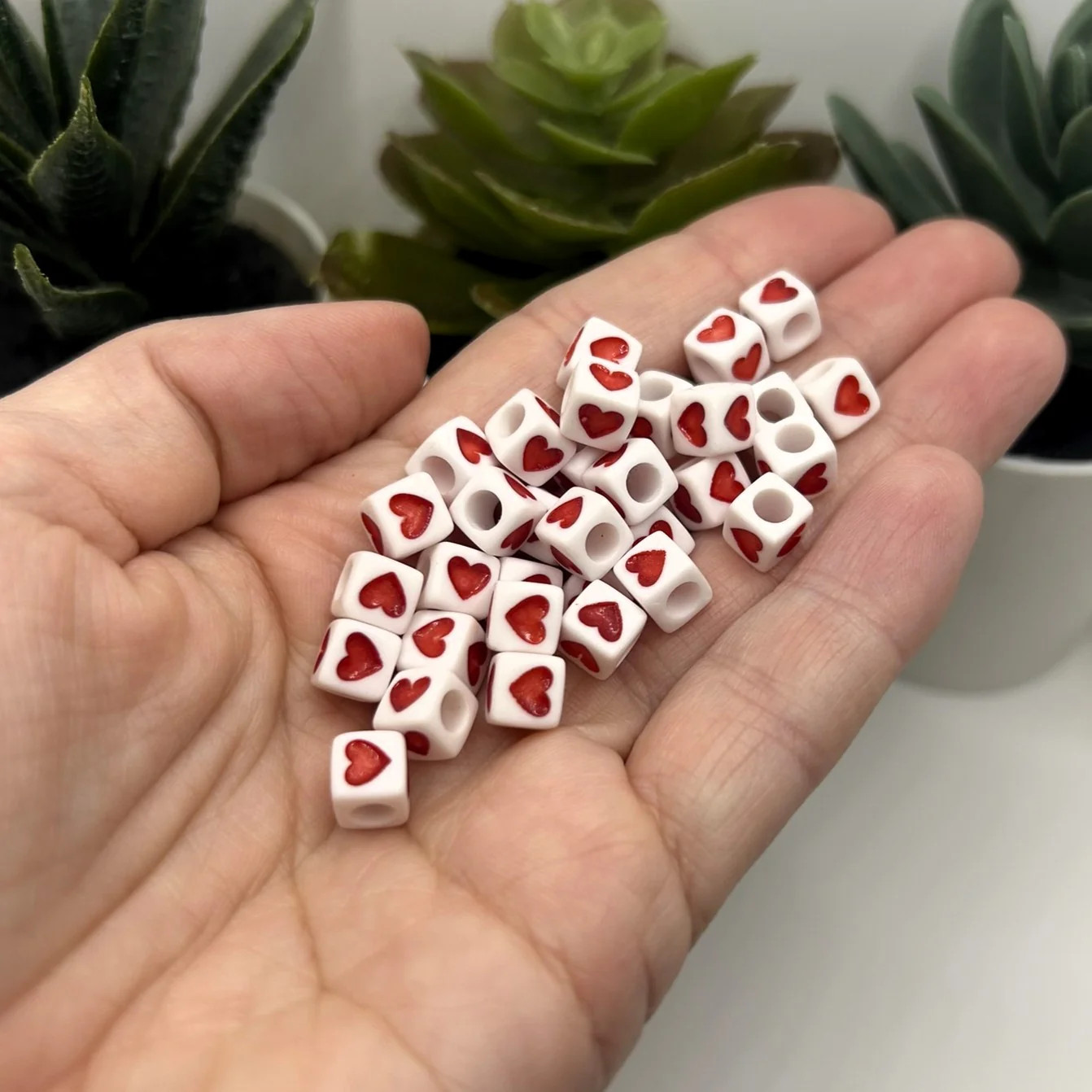 Red and White Square Heart Beads, 7x7mm – US Seller