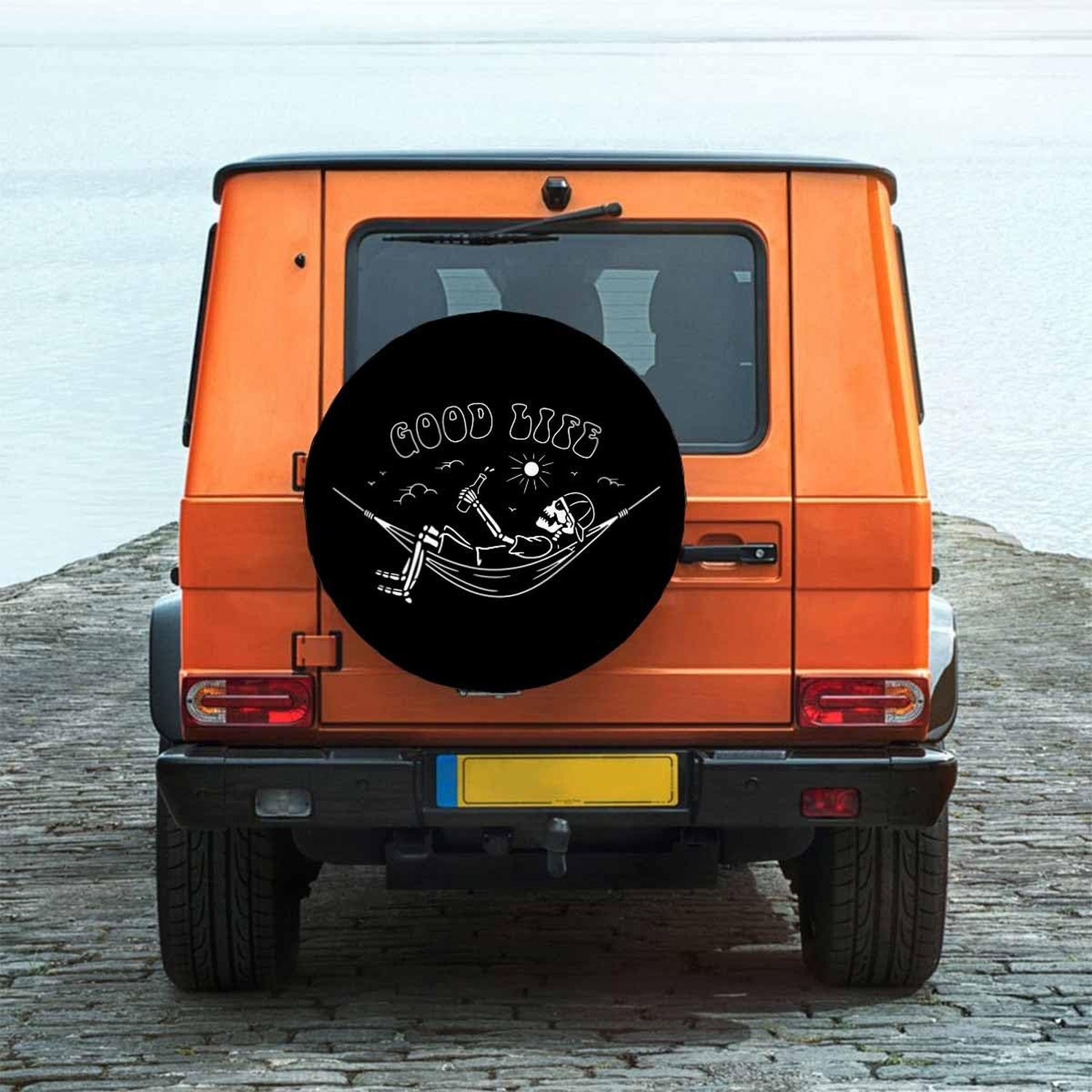 Skeleton in Hammock Spare Tire Cover Beautiful Life White Black Background Wh…