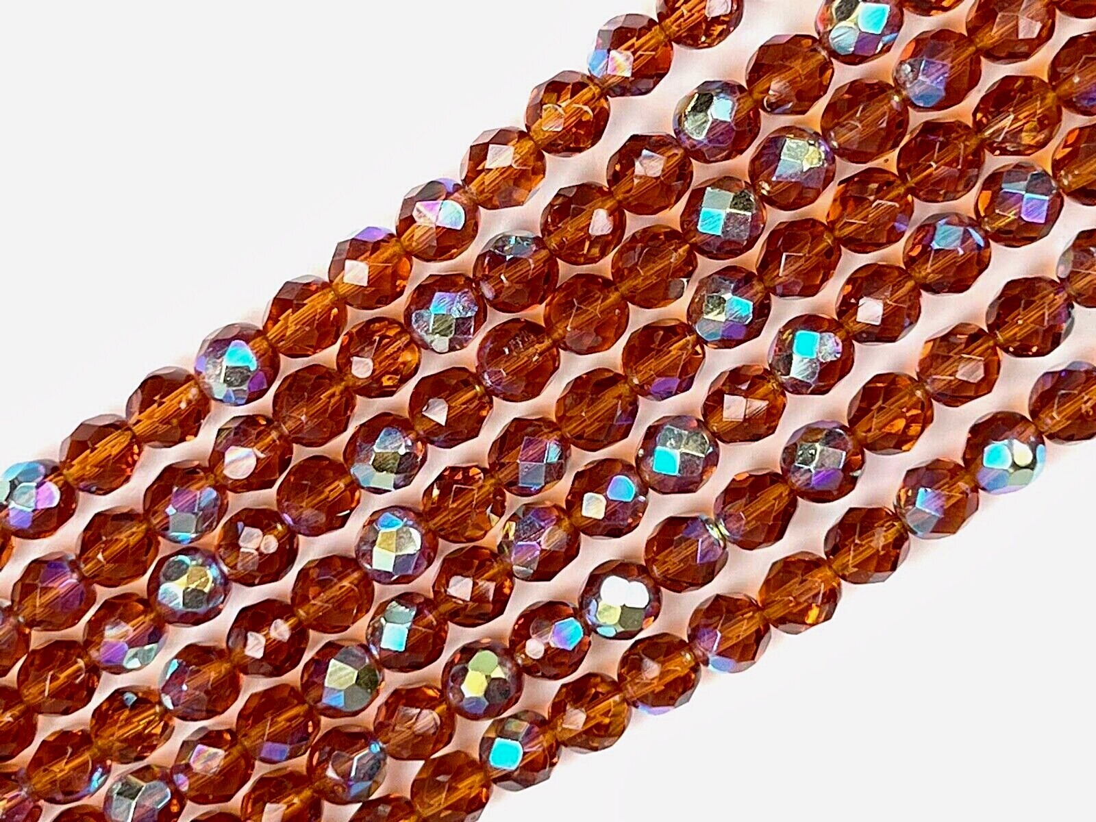Czech Fire Polished Round Faceted Beads in Medium Topaz AB coated, 16″ str Brown