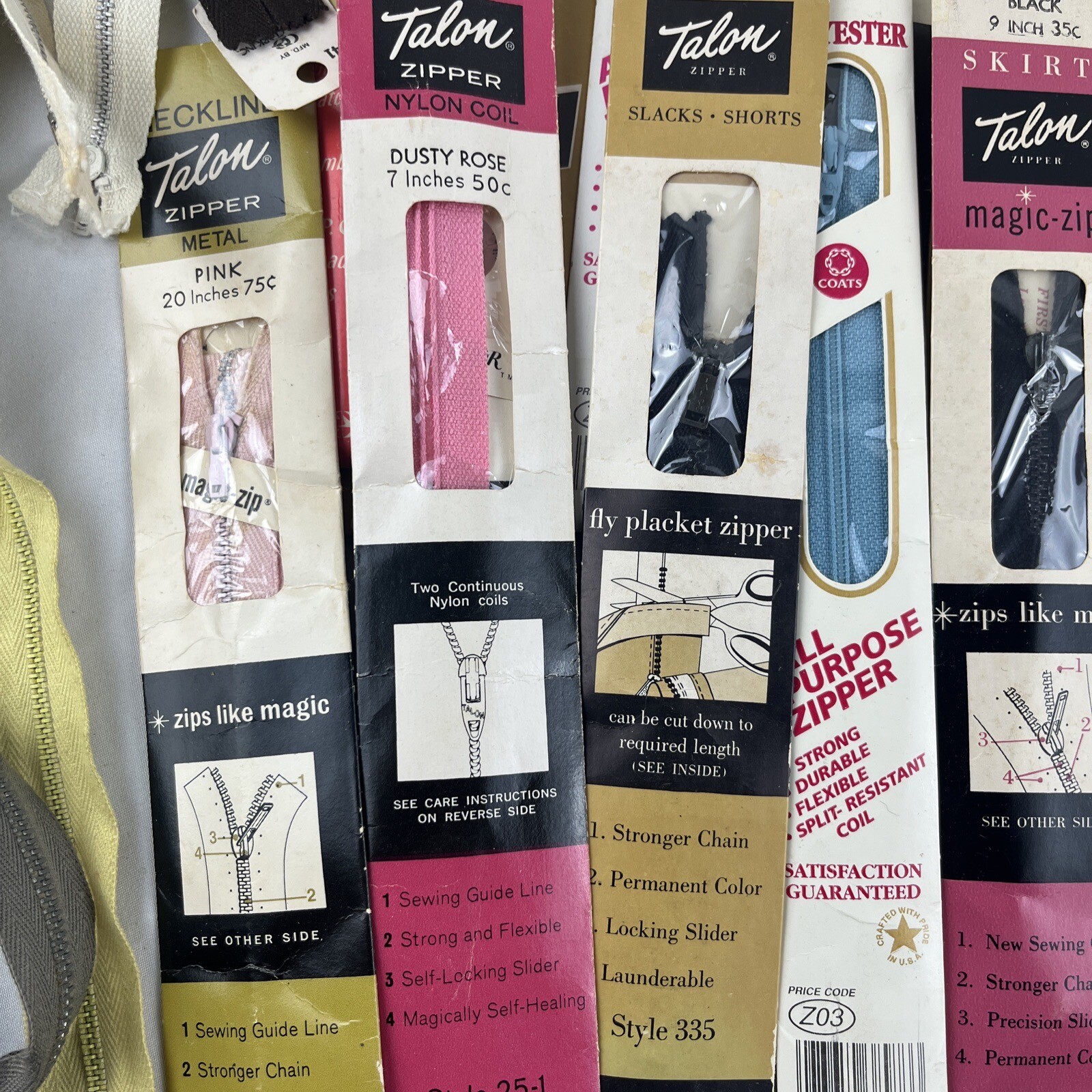 Talon Metal Zippers Lot of 28 Vintage Assorted Sizes & Colors Pink Green Blue