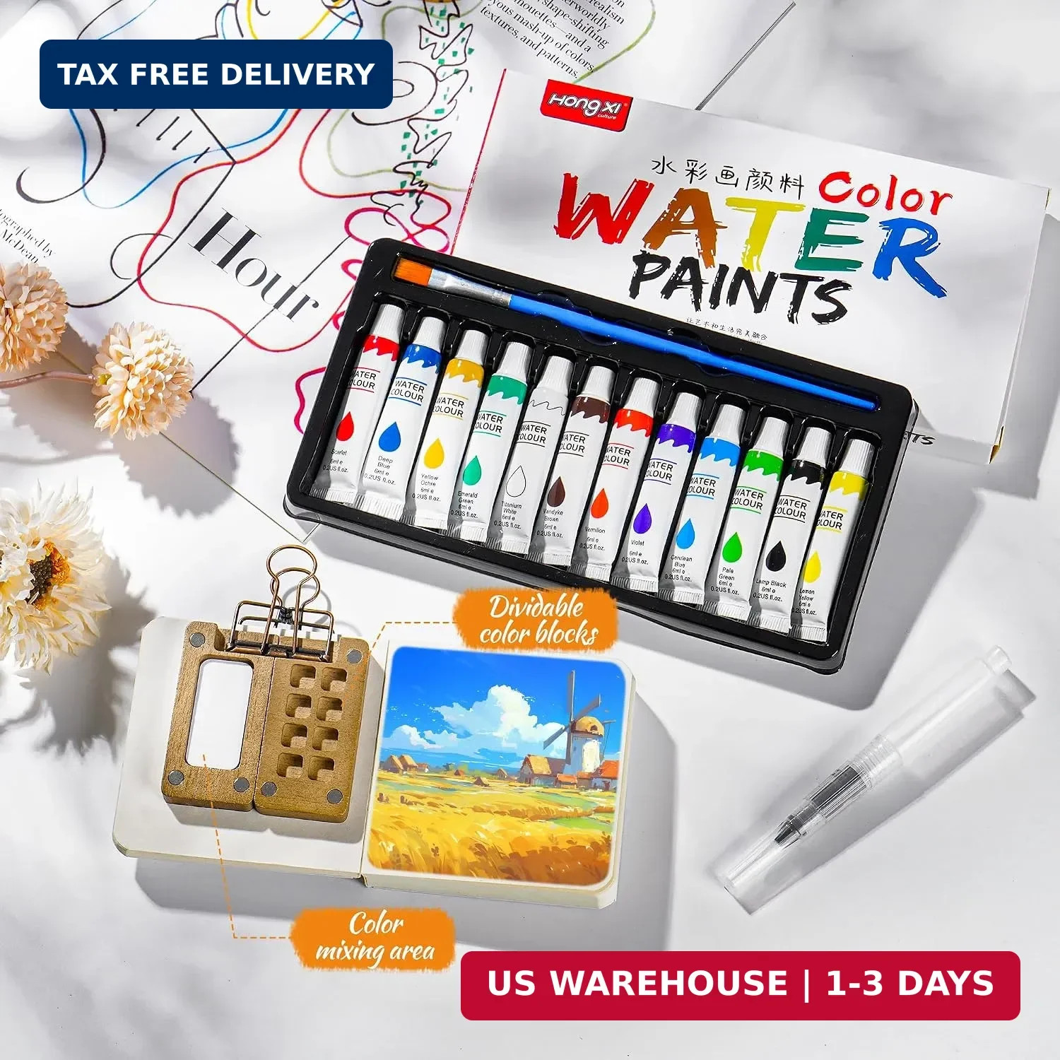 Mini Watercolor Paint set, Portable Watercolor Paint Travel Set, 12 Color Pocket
