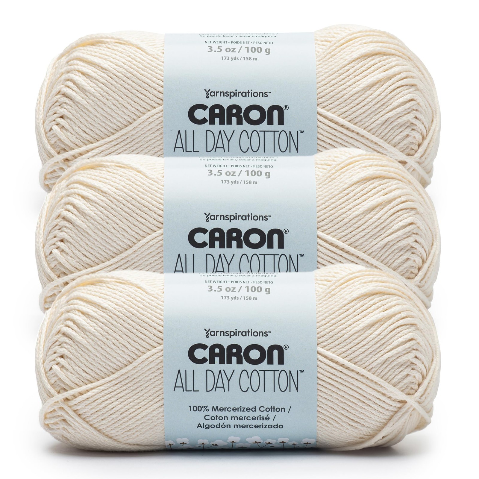 All Day Cotton 3 Pack of 173 Yards/3.52 oz Cream 100% Mercerized Cotton Yarn