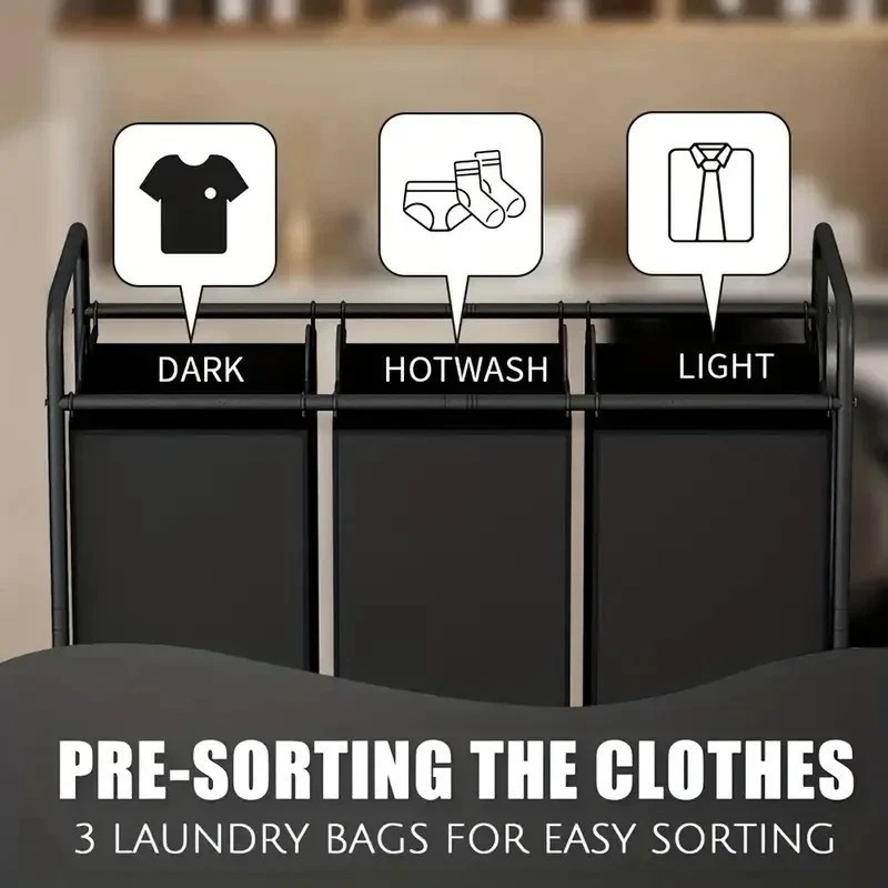 3-Bag Rolling Laundry Sorter Hamper, 63.4-Gallon Heavy-Duty Laundry Cart