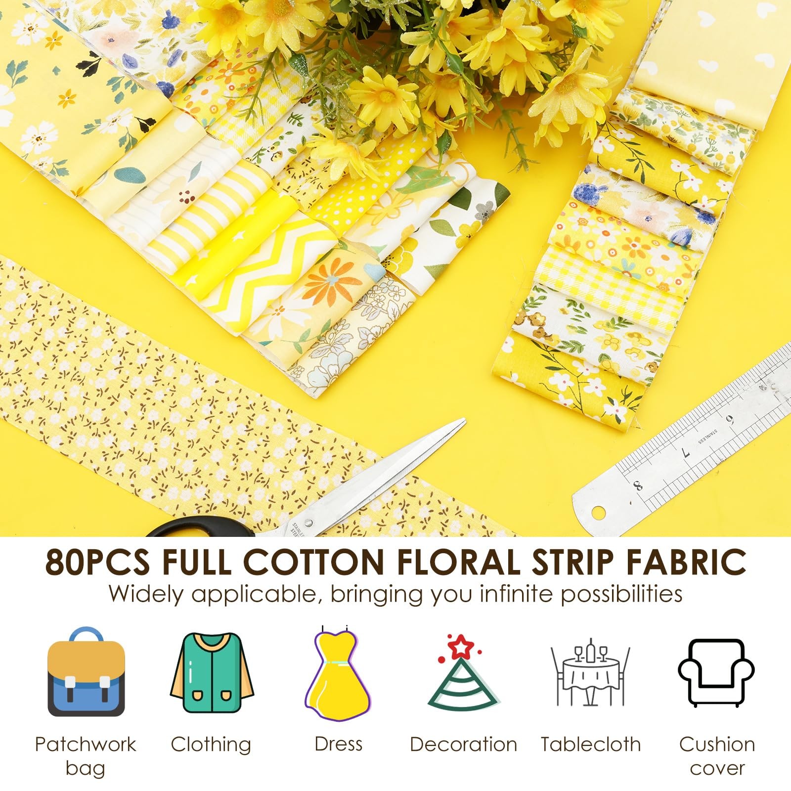 80 PCS Pre-Cut Jelly Roll Fabric Strips 2.5×20 Inch Cotton Quilting Yellow