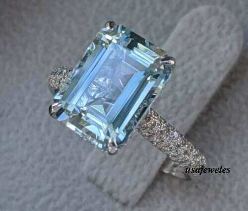 3.20CT Emerald Cut Genuine Aquamarine Engagement Jewelry Ring 14K White Gold FN
