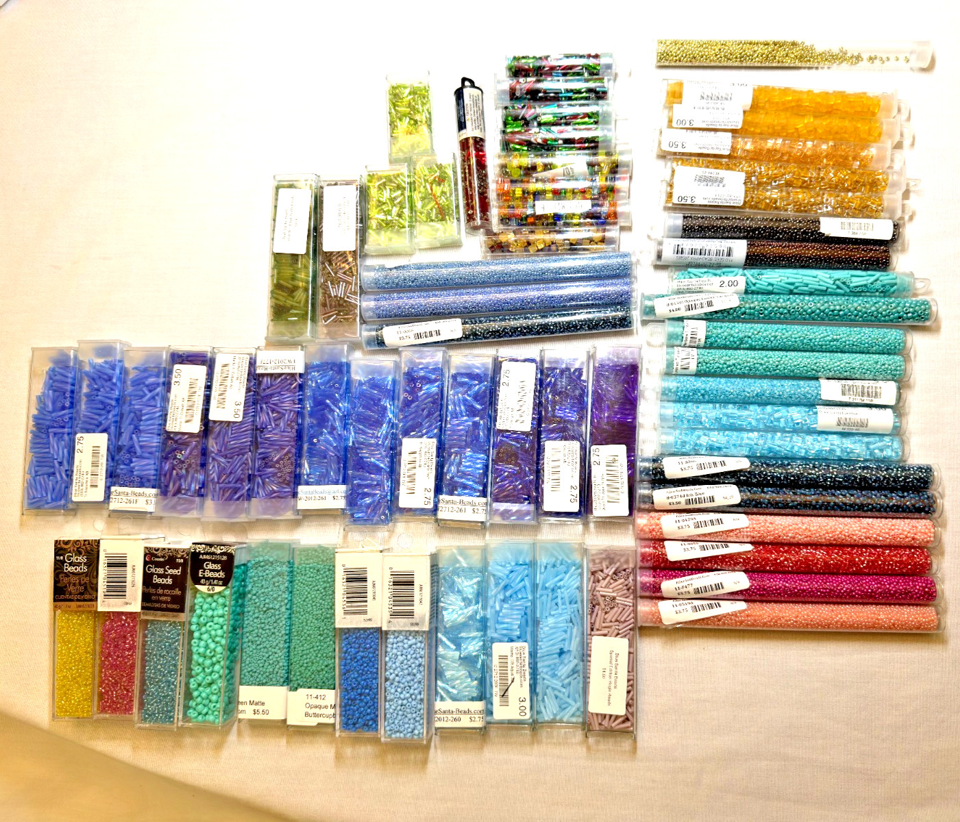 Assorted seed and bugle beads. Various colors, finishes, sizes.