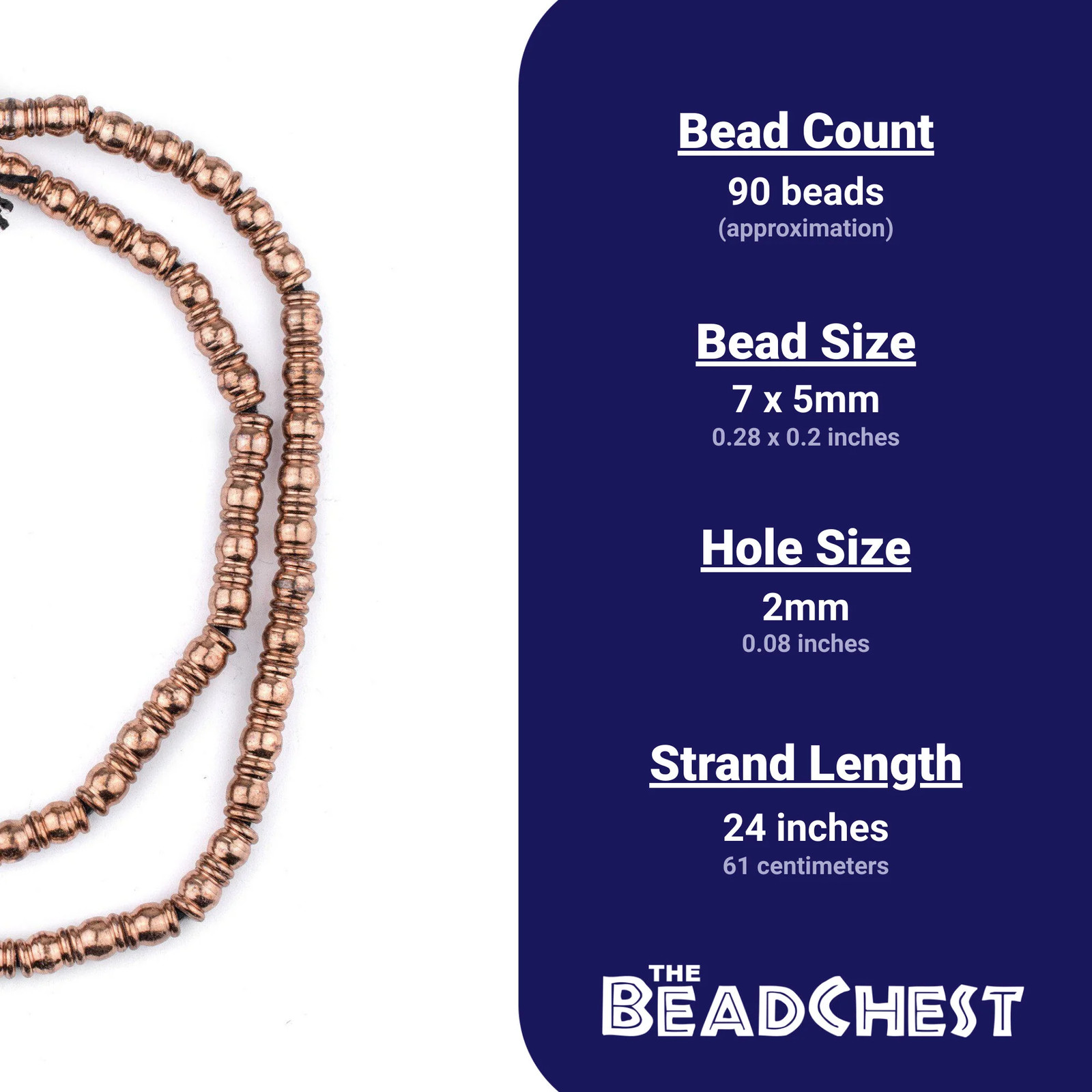 Copper Beveled Barrel Beads 7x5mm Unusual Large Hole 24 Inch Strand