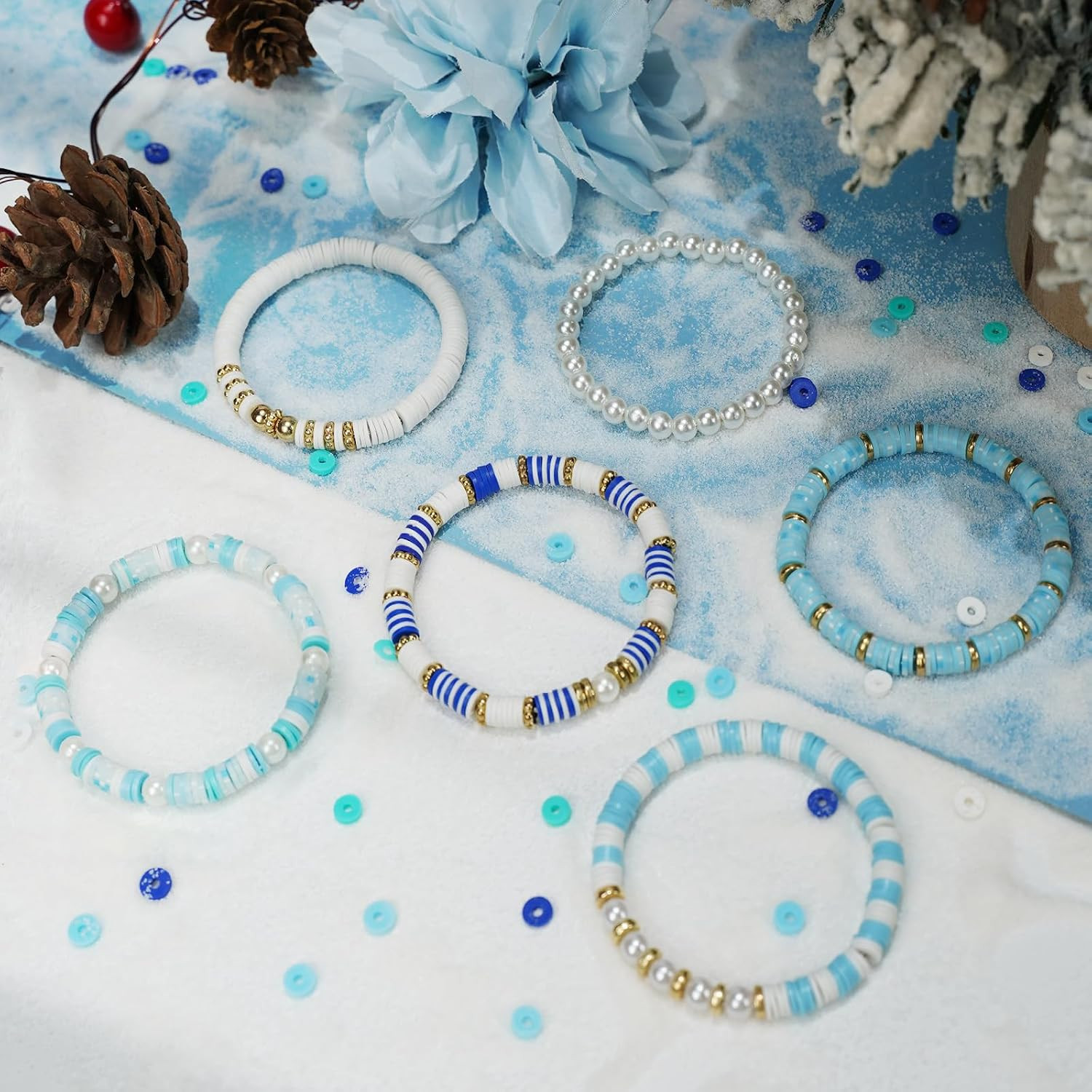 Clay Beads for Bracelets, Blue Winter Clay Beads Bracelet Making Kit with Golden