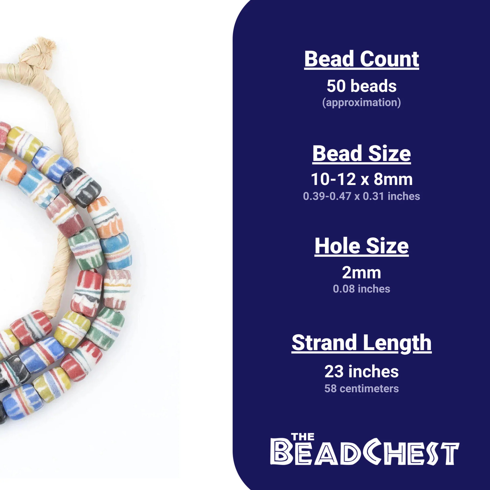 Multicolor Strawstack Sandcast Beads 8mm Ghana African Cylinder Glass Large Hole
