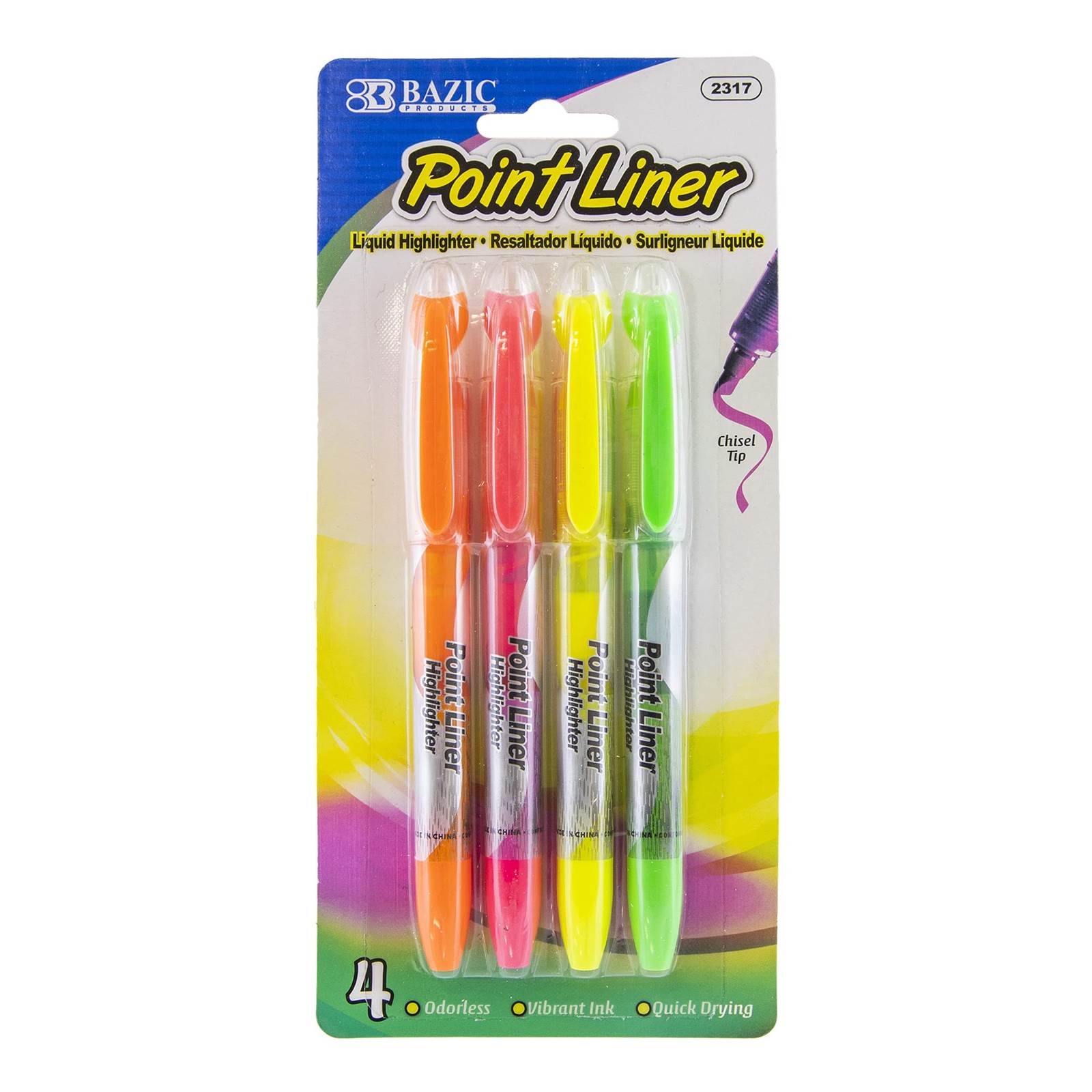 BAZIC Pen Style Liquid Highlighters with Cushion Grip, 3 Per Pack