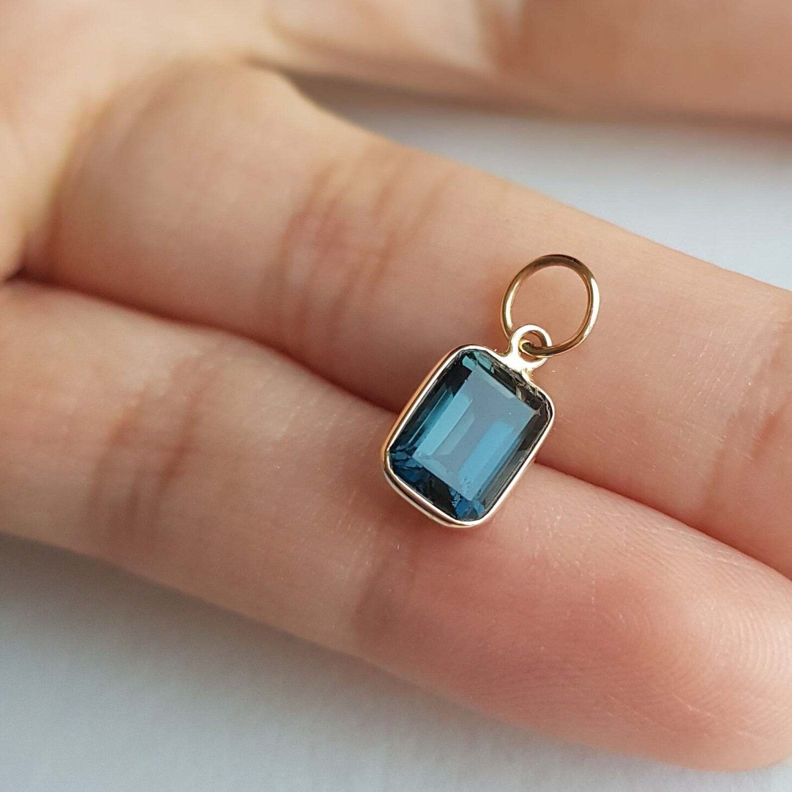 Emerald Cut Lodon Topaz 18k Gold Charm Handmade Yellow Gold Minimal Pendant