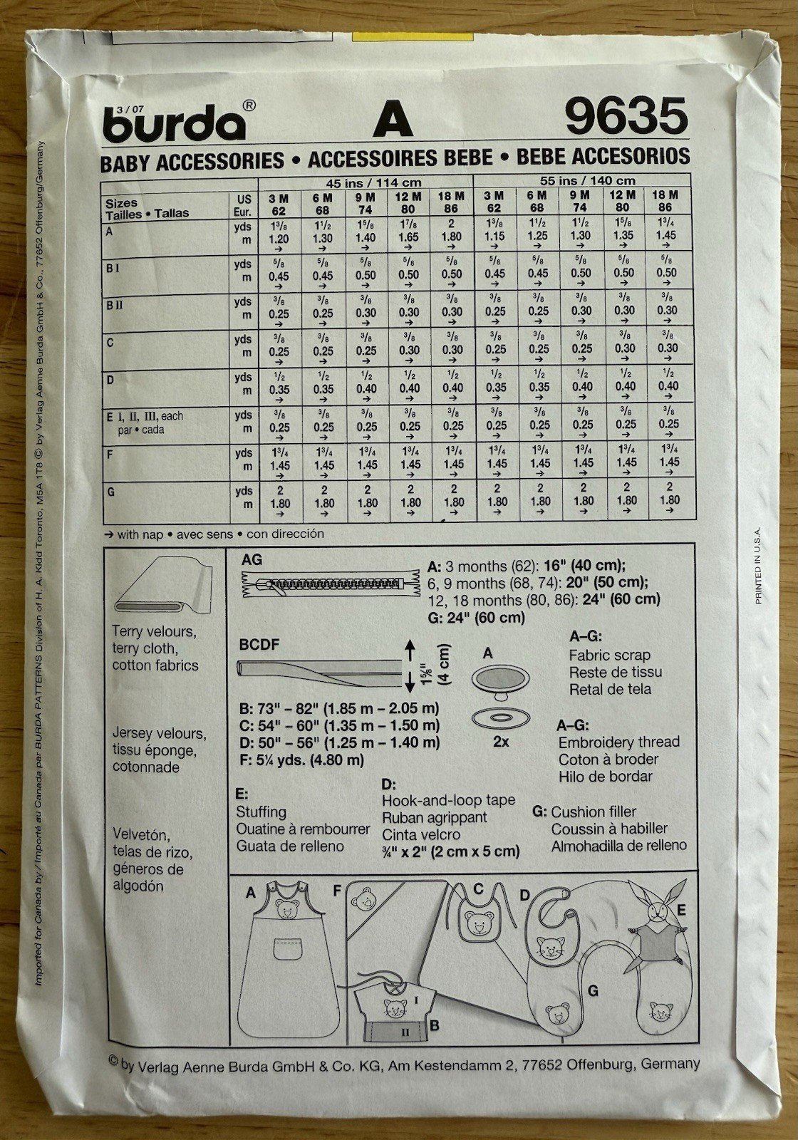 Burda Pattern 9635 Baby Accessories Size 3 Months – 18 Months Uncut FF