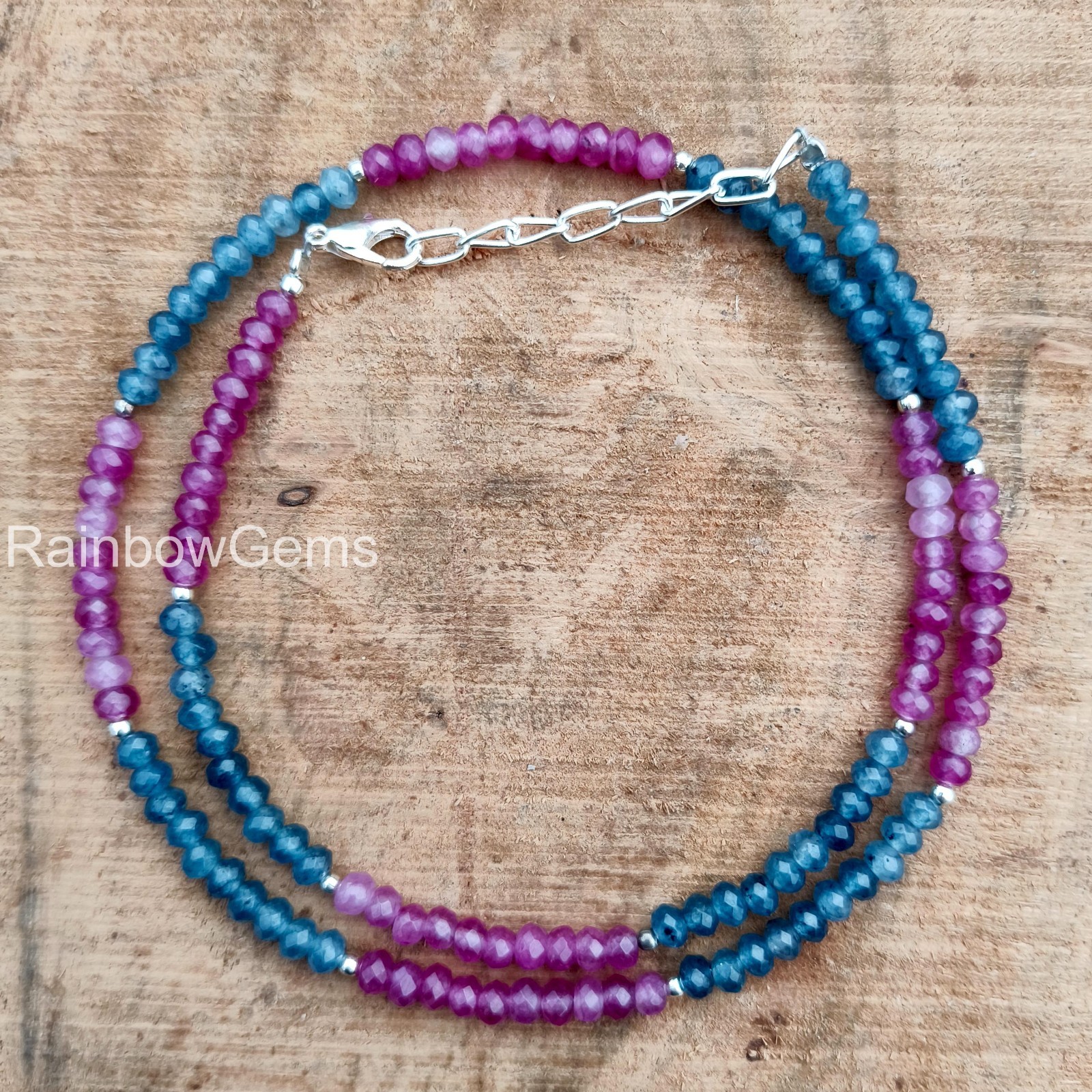 Blue & Pink Sapphire Necklace 4mm Faceted Rondelle, Blue, Pink Sapphire Gemstone