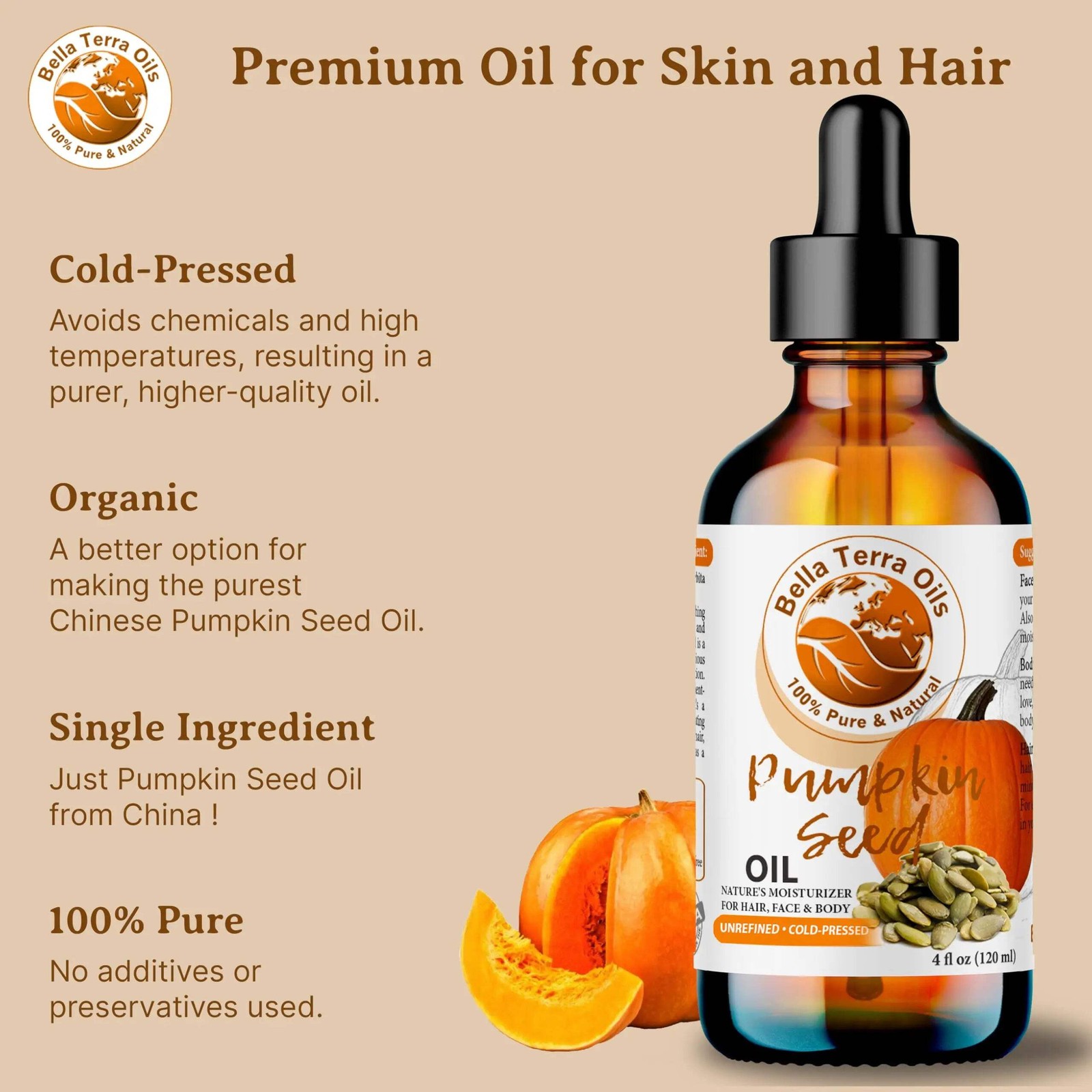 Organic Cold-Pressed Pumpkin Seed Oil 100% Pure Skin Hair Nails Face, High Zinc