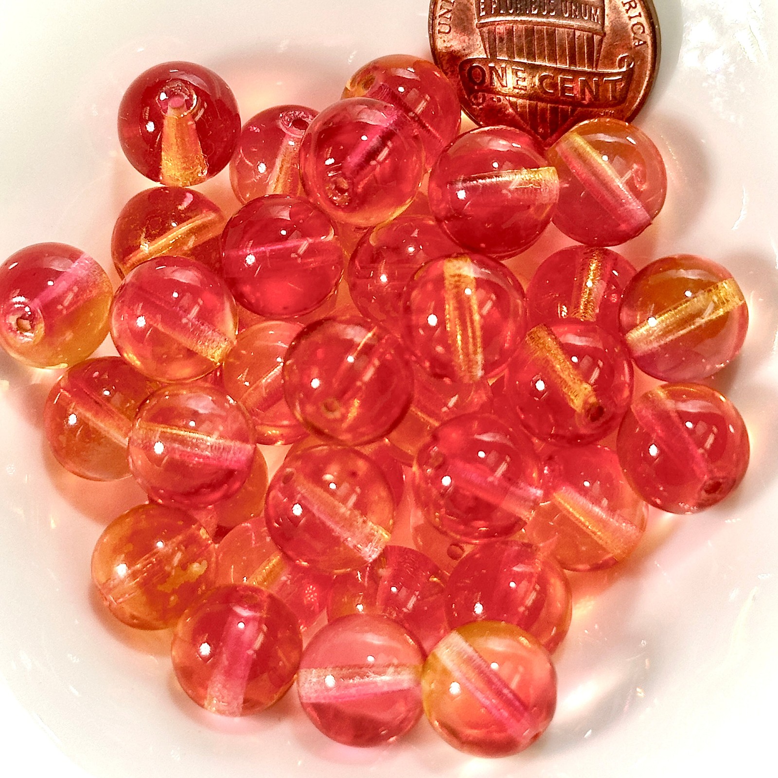 Czech Pressed Round Smooth Glass Beads 10mm Crystal Red Yellow 2-tone 40pcs