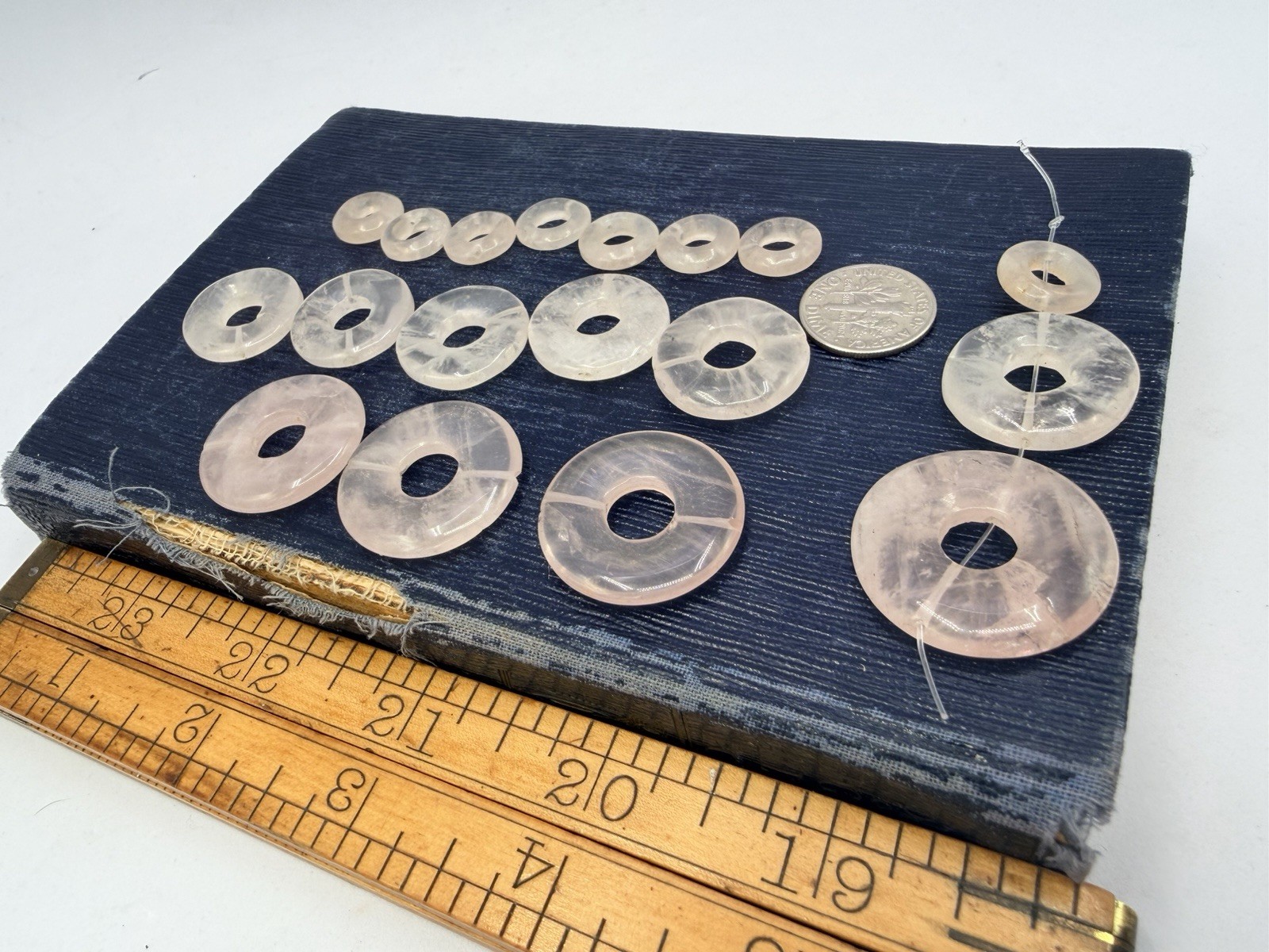 18 Pcs Vintage Carved Rose Quartz Beads Drilled Donuts Cages Mixed Size Artisan