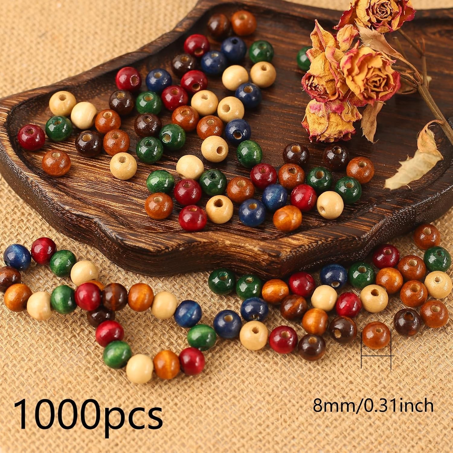 1000PCS Colorful Wooden Beads 8Mm Assorted Macrame Wooden Loose Spacer Bead Natu