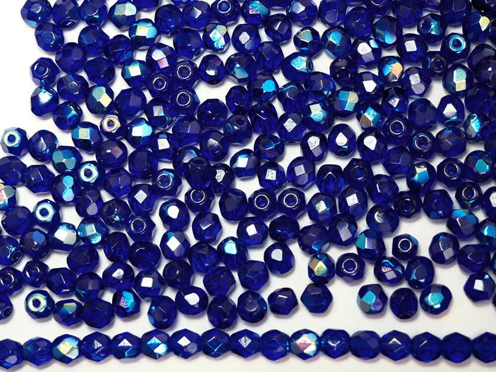 Czech Fire Polished Round Faceted Beads in Cobalt Blue AB coated 16″ strands
