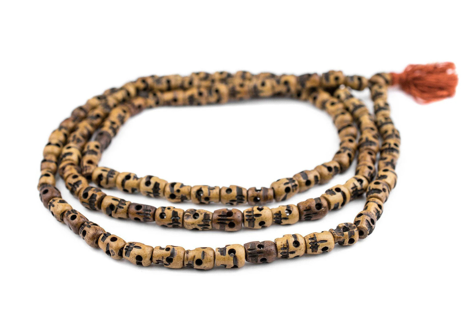 Brown Carved Bone Skull Mala Beads 12x8mmLong Strand Nepal Large Hole